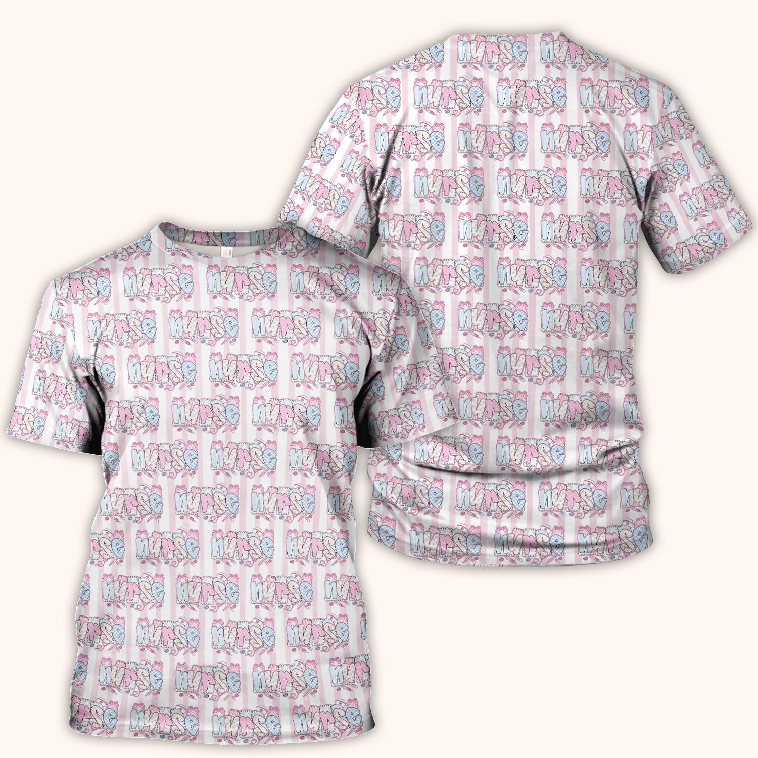 Cute Pastel Nurse Pattern Scrub Top, Comfortable Scrubs for Nurses