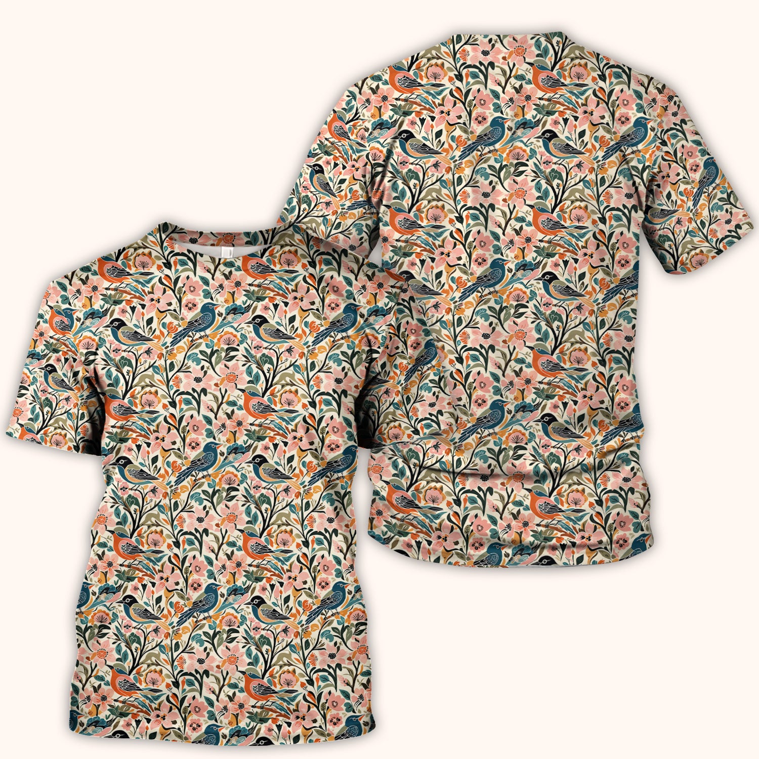 Folk Art Songbird Floral Pattern Scrub Top, Comfortable Scrubs for Nurses