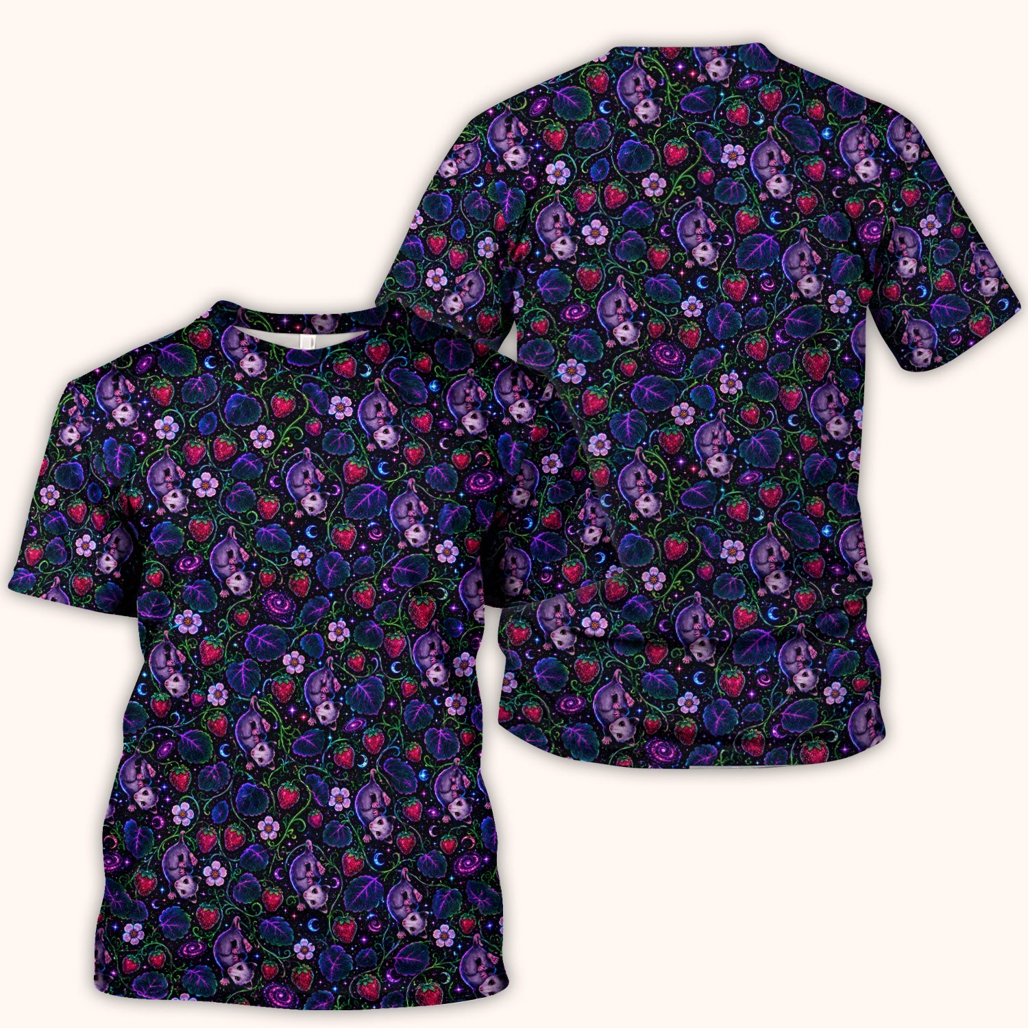 Galaxy Strawberry Opossum Pattern Scrub Top for RN, CNA, Veterinary Staff, Cat Lover Uniform