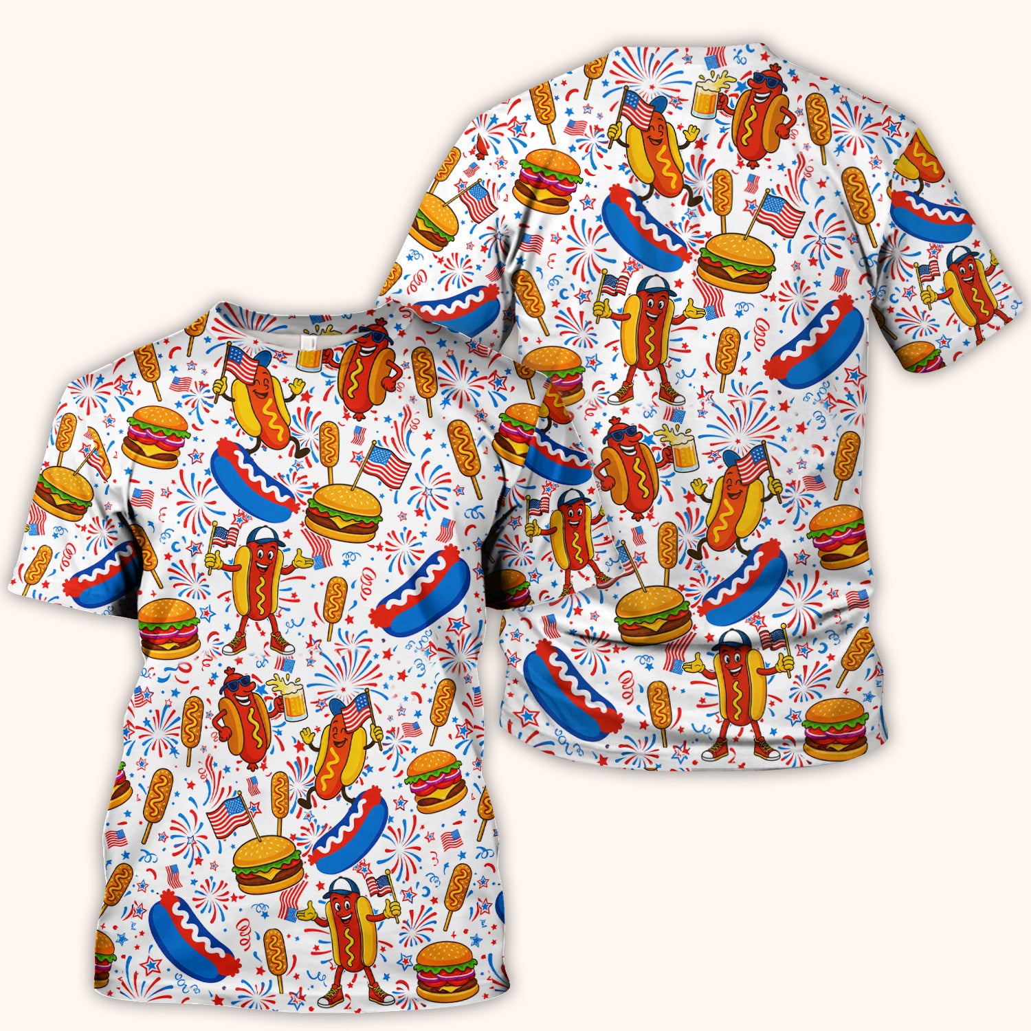 Patriotic Hot Dog Burger Fireworks Scrub Top, Comfortable Scrubs for Nurses