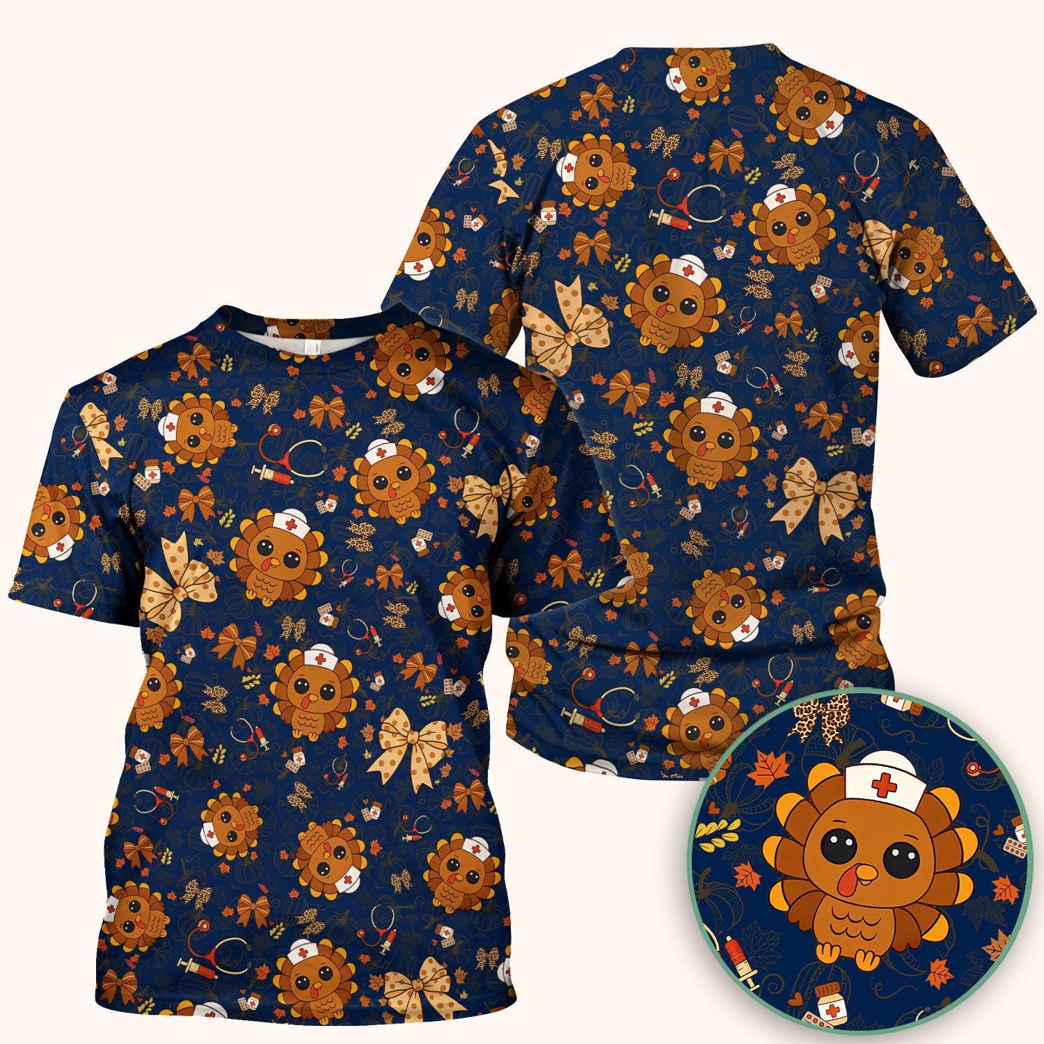 Thanksgiving Turkey Nurse Scrub Top for Women - Cute Fall Leaves and Bow Shirt - Autumn Medical Shirt Gift for RN CNA LPN Doctor