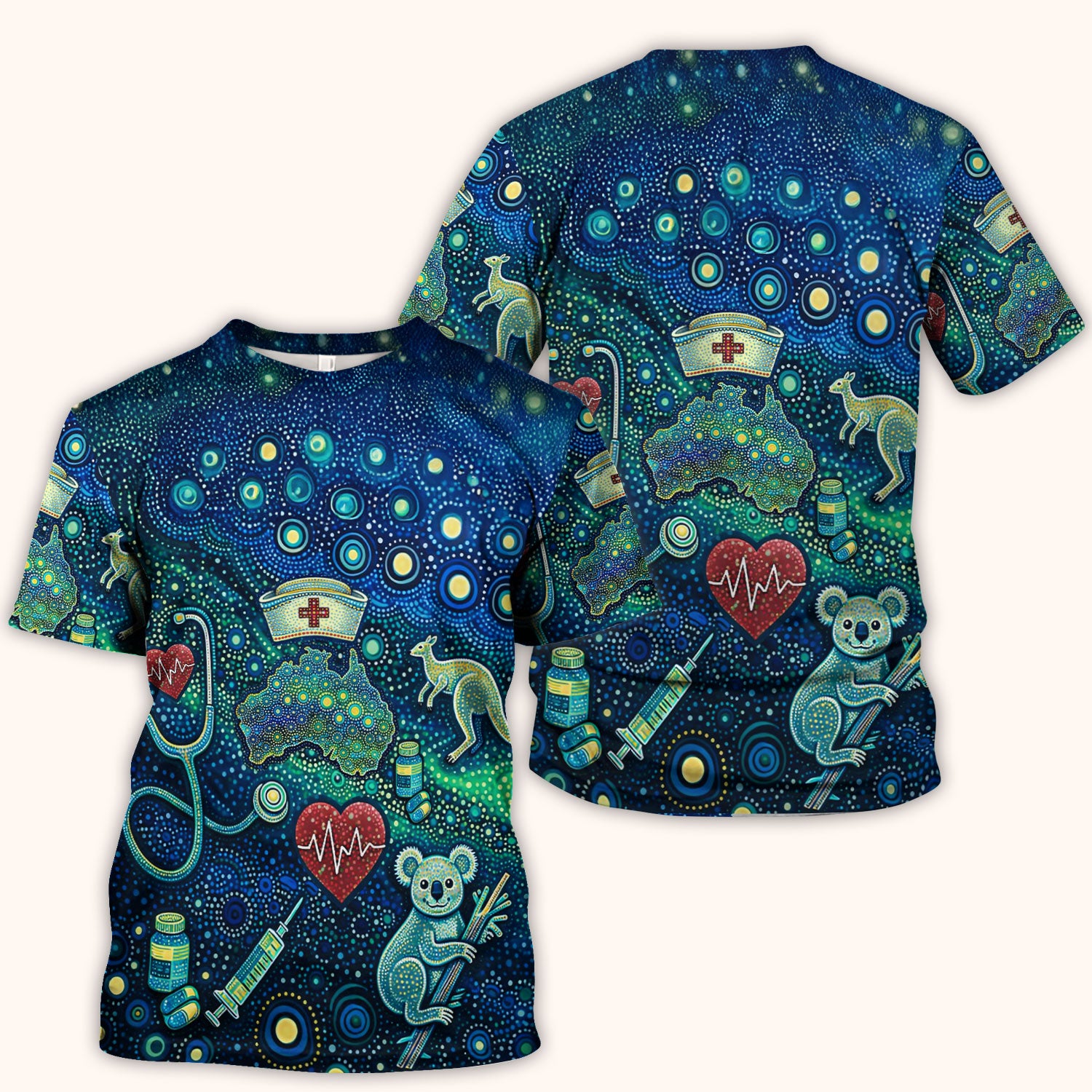 Aboriginal Nurse Australia Scrub Top, Kangaroo Koala Dot Art Medical Pattern Shirt, Breathable Fabrics Nursing Uniform