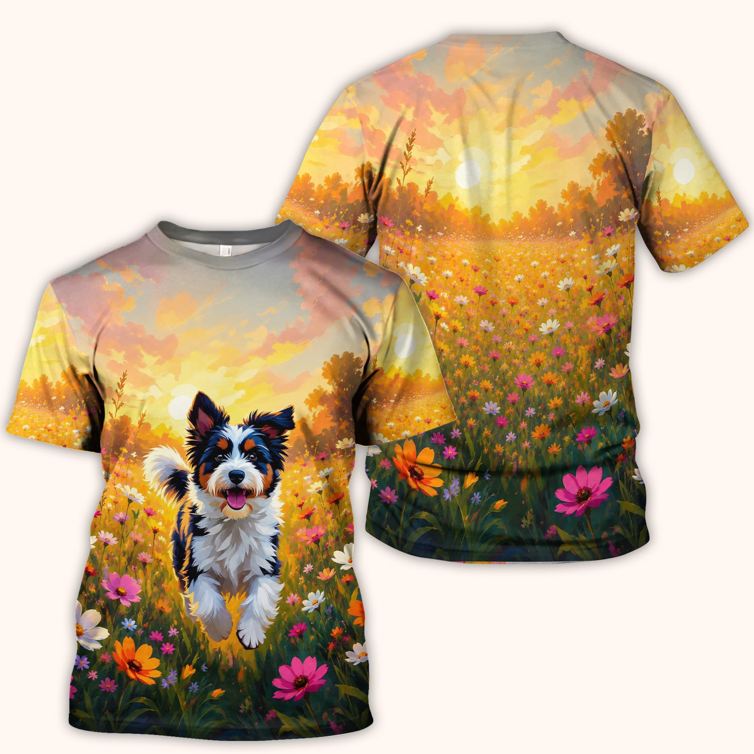 Cute Floral Meadow Dog Print Scrub Top, Comfortable Scrubs for Nurses