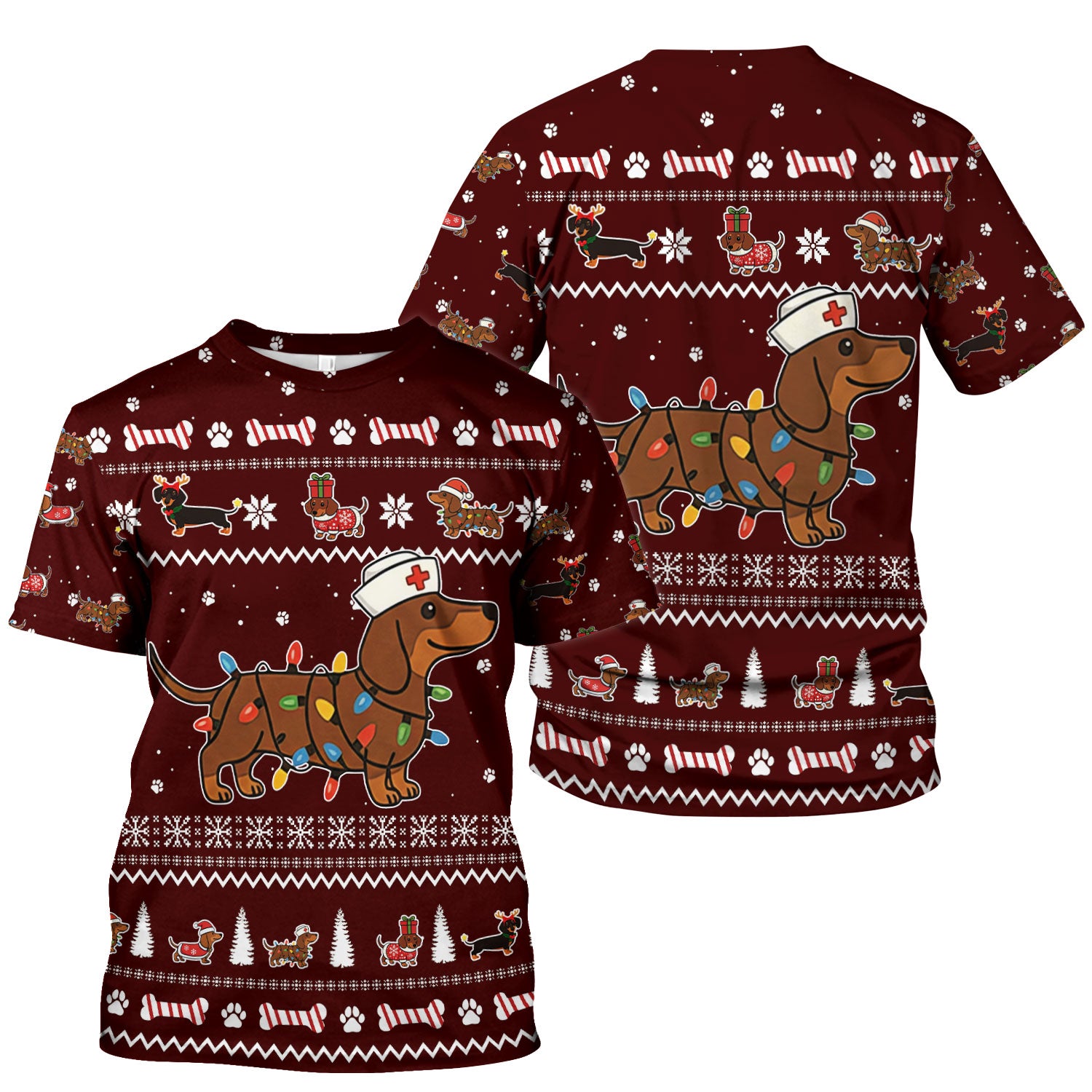 Christmas Dachshund Nurse Scrub Top for Women - Cute Sausage Dog Wearing Lights - Funny Holiday Medical Shirt Gift for RN CNA LPN