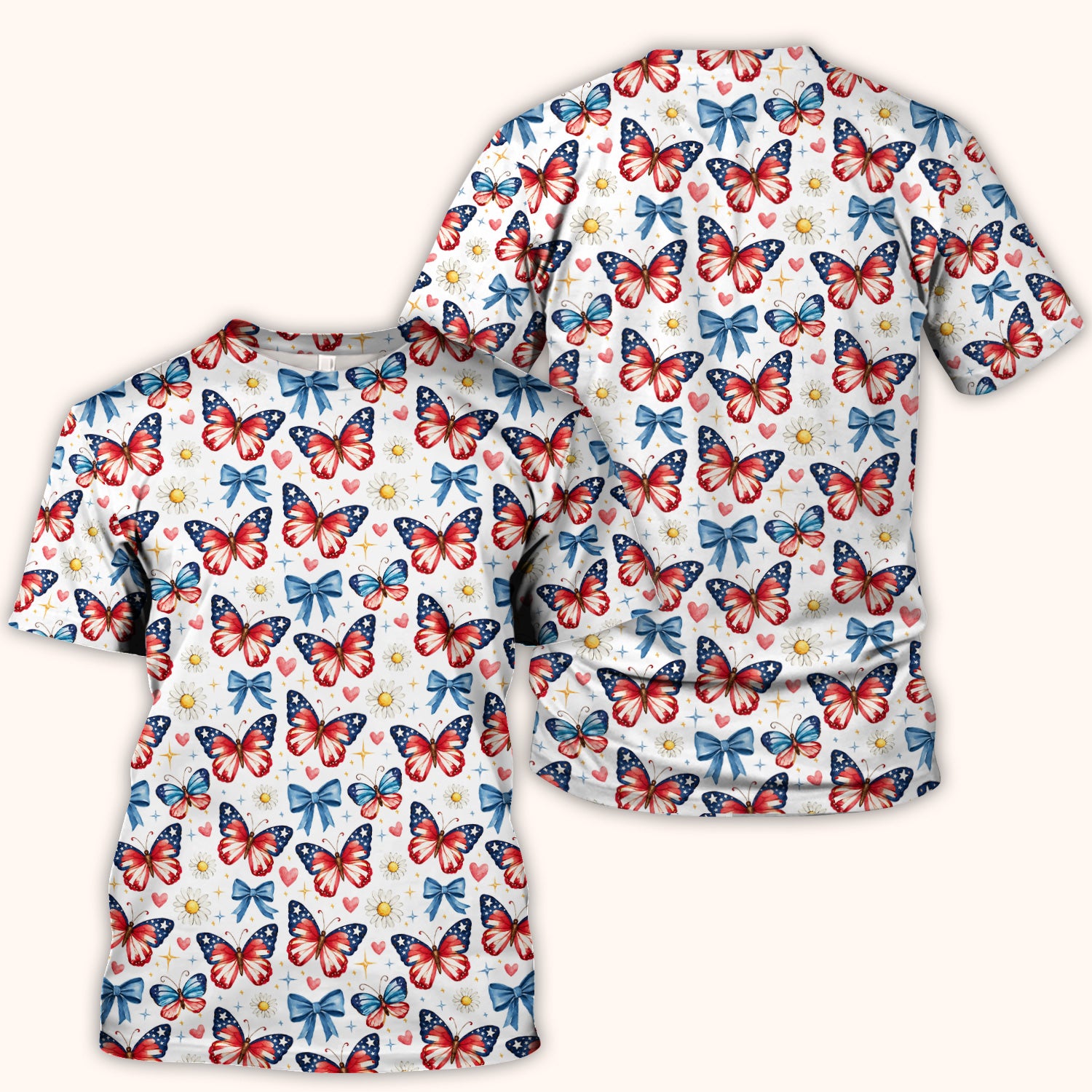 Patriotic Butterfly Bow Daisy Pattern Scrub Top, Comfortable Scrubs for Nurses