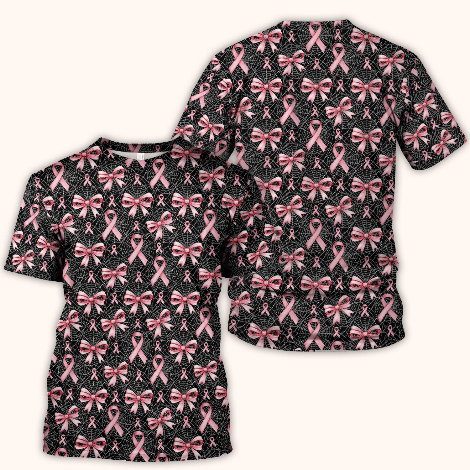 Pink Ribbon Pattern Scrub Top, Comfortable Scrubs for Nurses