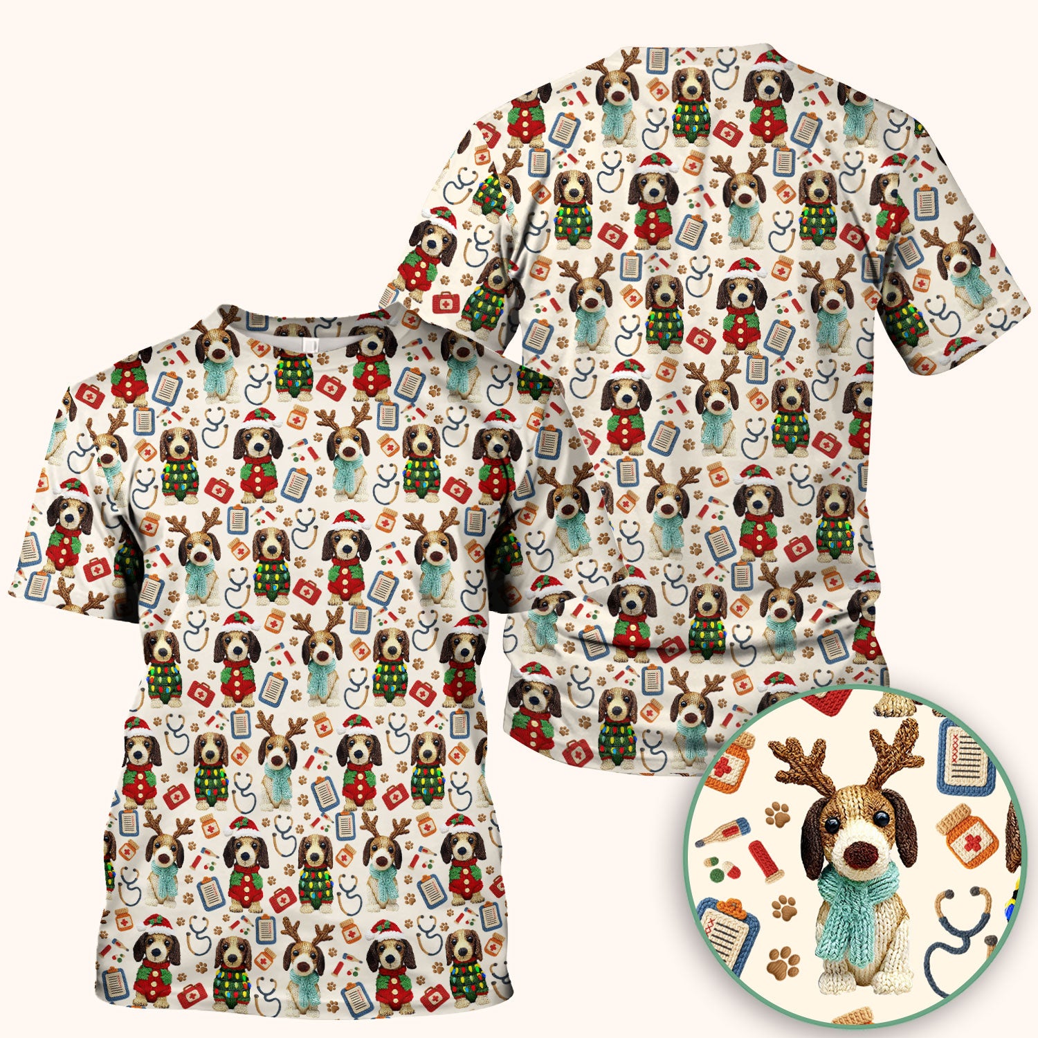 Christmas Doxie Scrubs for Women - Cute Dachshund Christmas Scrub Top for Nurses - Funny Medical Uniform Gift