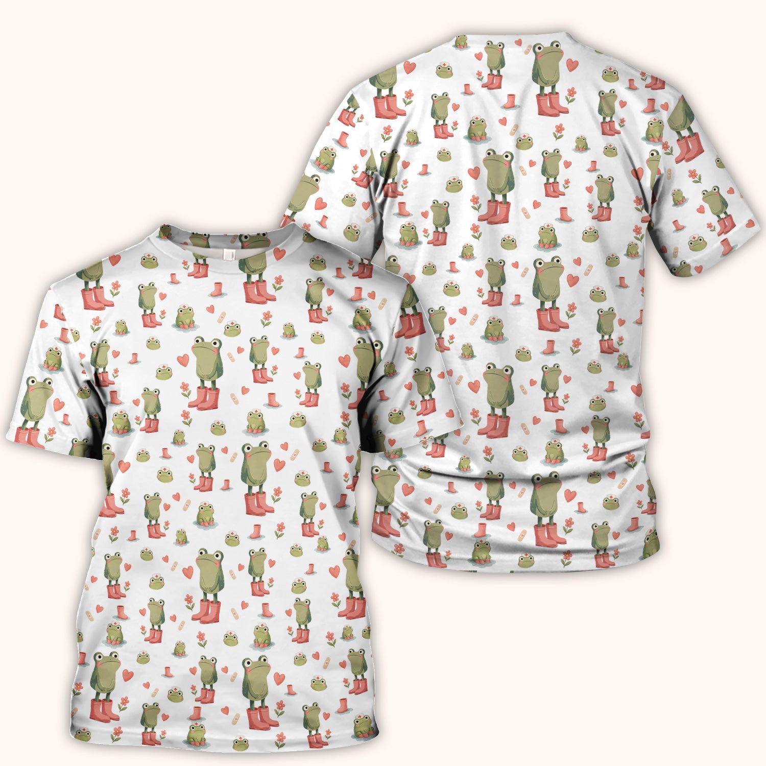 Adorable Frog Boots Heart Pattern Scrub Top, Comfortable Scrubs for Nurses