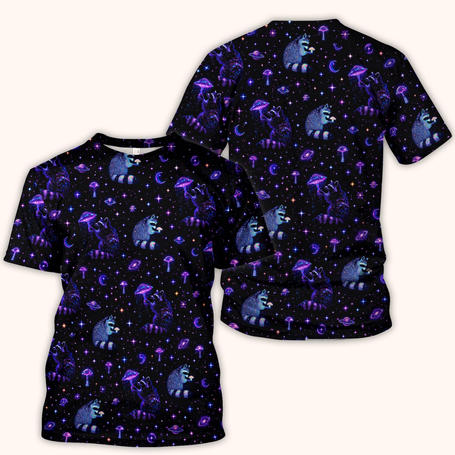 Cute Raccoon Mushroom Galaxy Pattern Scrub Top, Comfortable Scrubs for Nurses
