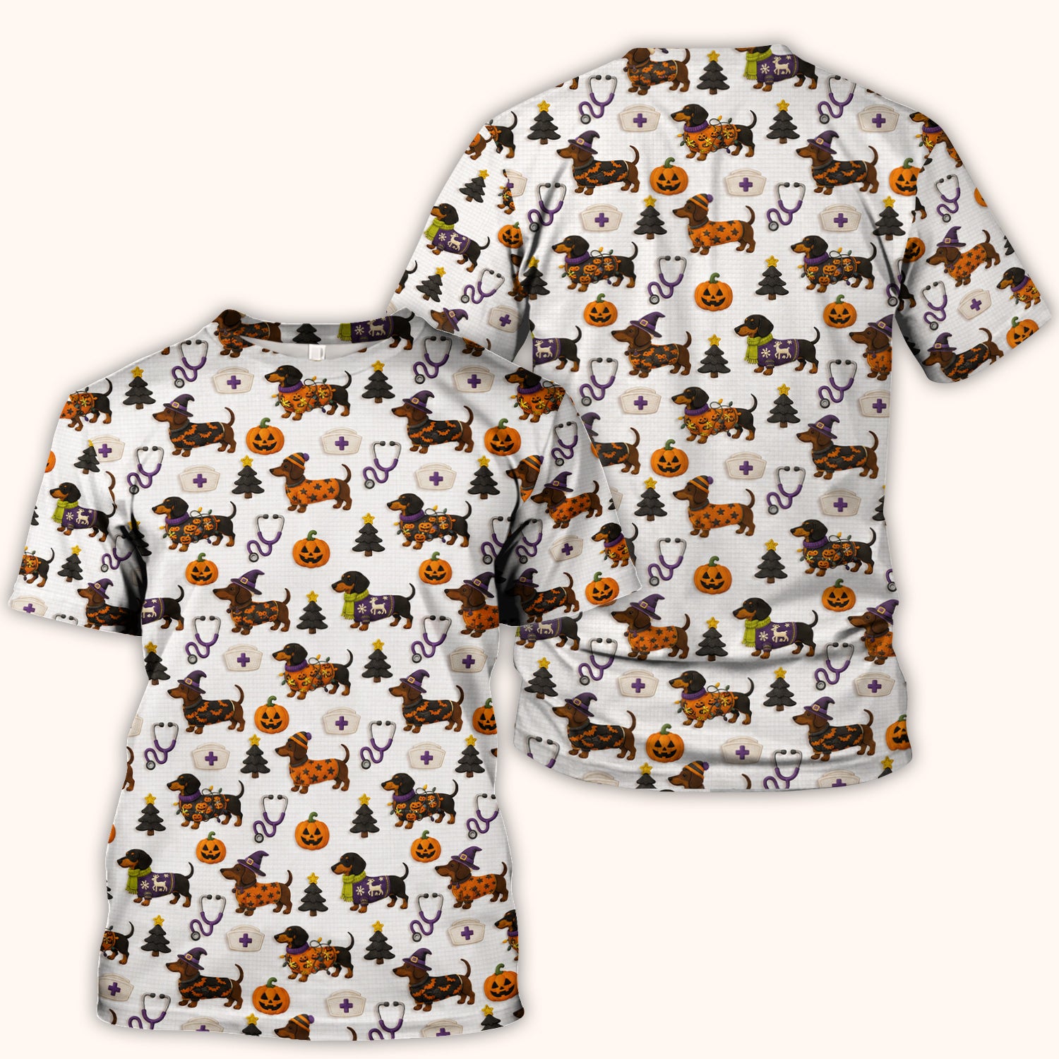 Halloween Dachshund with Pumpkin Stethoscope Print Scrub Top, Comfortable Scrubs for Nurses