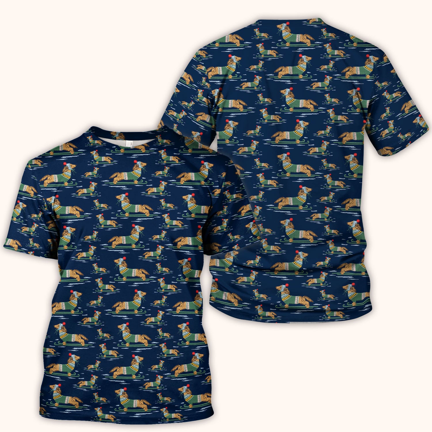 Dachshund Nurse Scrub Top, Wiener Dog Winter Pattern Shirt, Breathable Fabrics Nursing Uniform