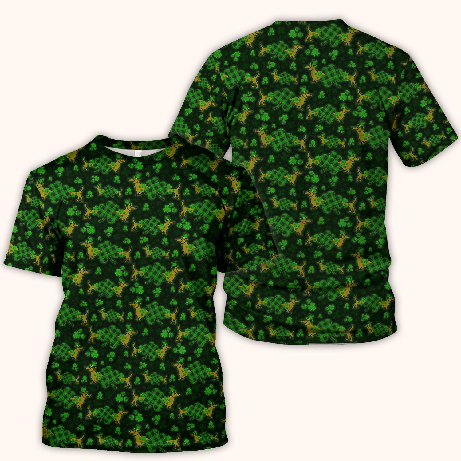 St. Patrick’s Day Dachshund Dog Pattern Scrub Top, Lucky Shamrock Puppy Nurse Scrub Shirt, Green Irish Nursing Uniform