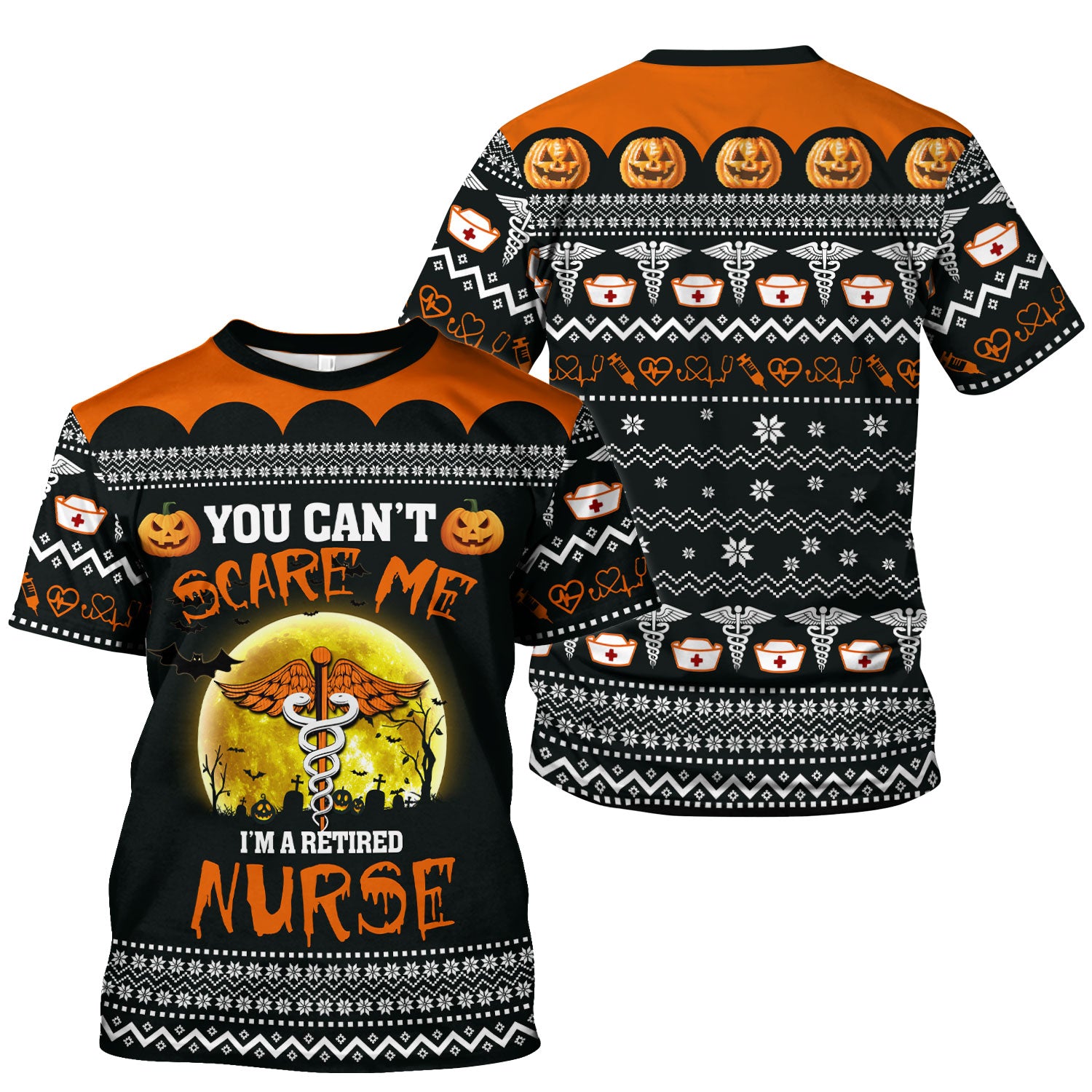 Funny Halloween Retired Nurse Scrub Top - You Can’t Scare Me Shirt - Spooky Pumpkin Medical Uniform Gift for RN LPN CNA