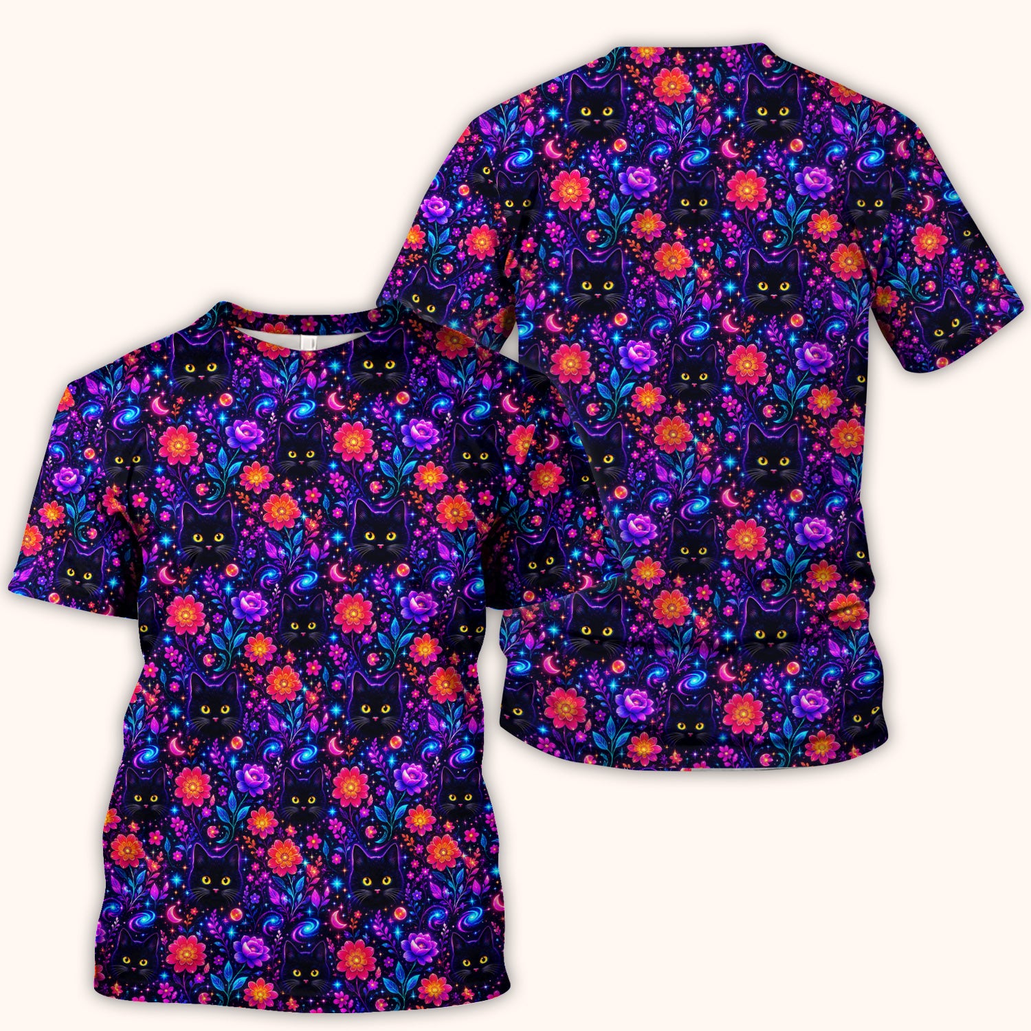 Galaxy Black Cat Floral Pattern Scrub Top, Comfortable Scrubs for Nurses