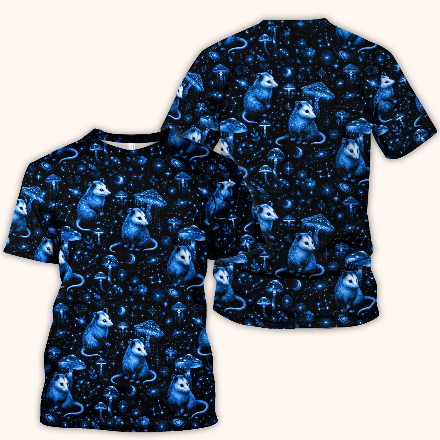 Celestial Blue Opossum With Mushroom Pattern Scrub Top, Comfortable Scrubs for Nurses