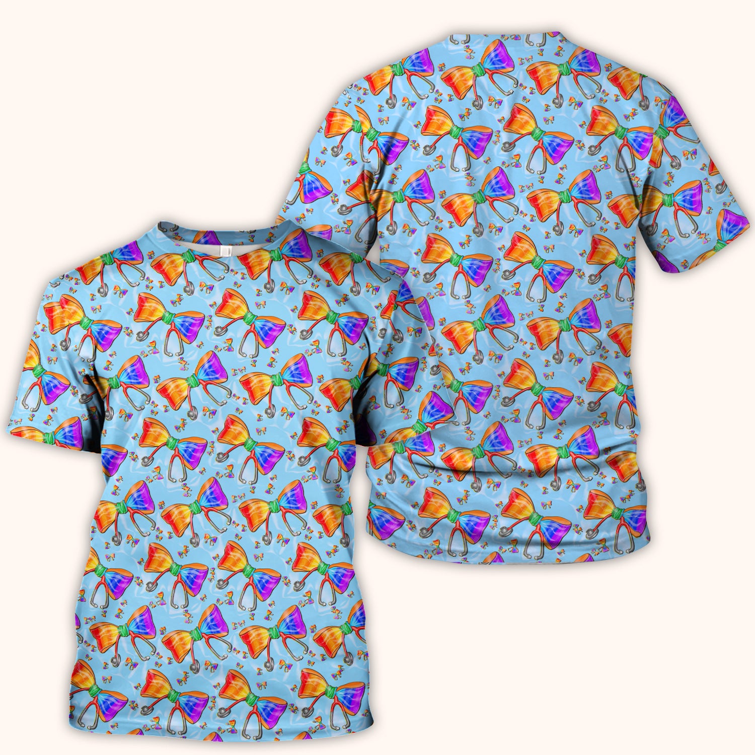 Colorful Rainbow Bow Stethoscope Pattern Scrub Top, Breathable Fabrics Nursing Uniform