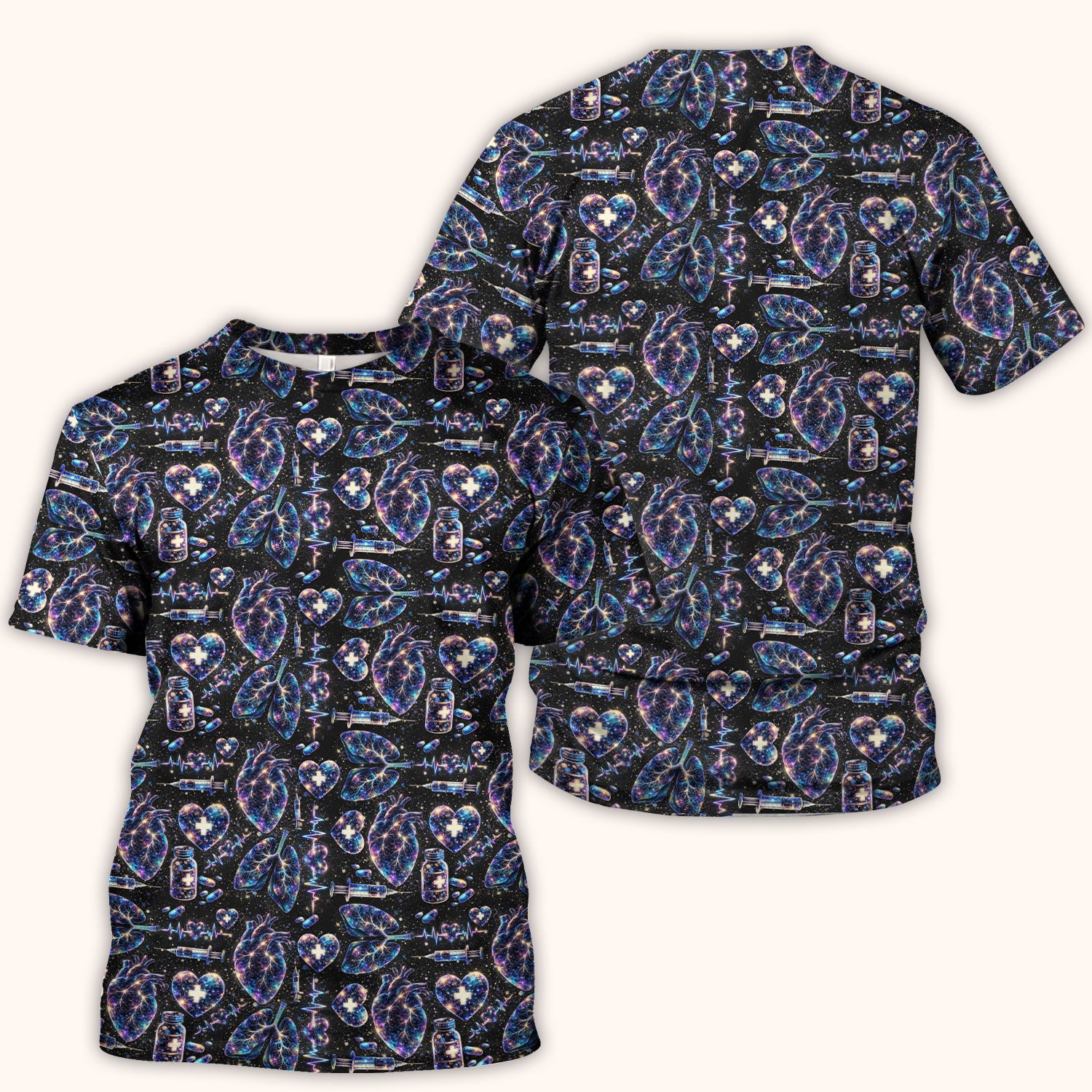 Galaxy Anatomical Heart Lung Syringe Print Scrub Top, Breathable Fabrics Nursing Uniform