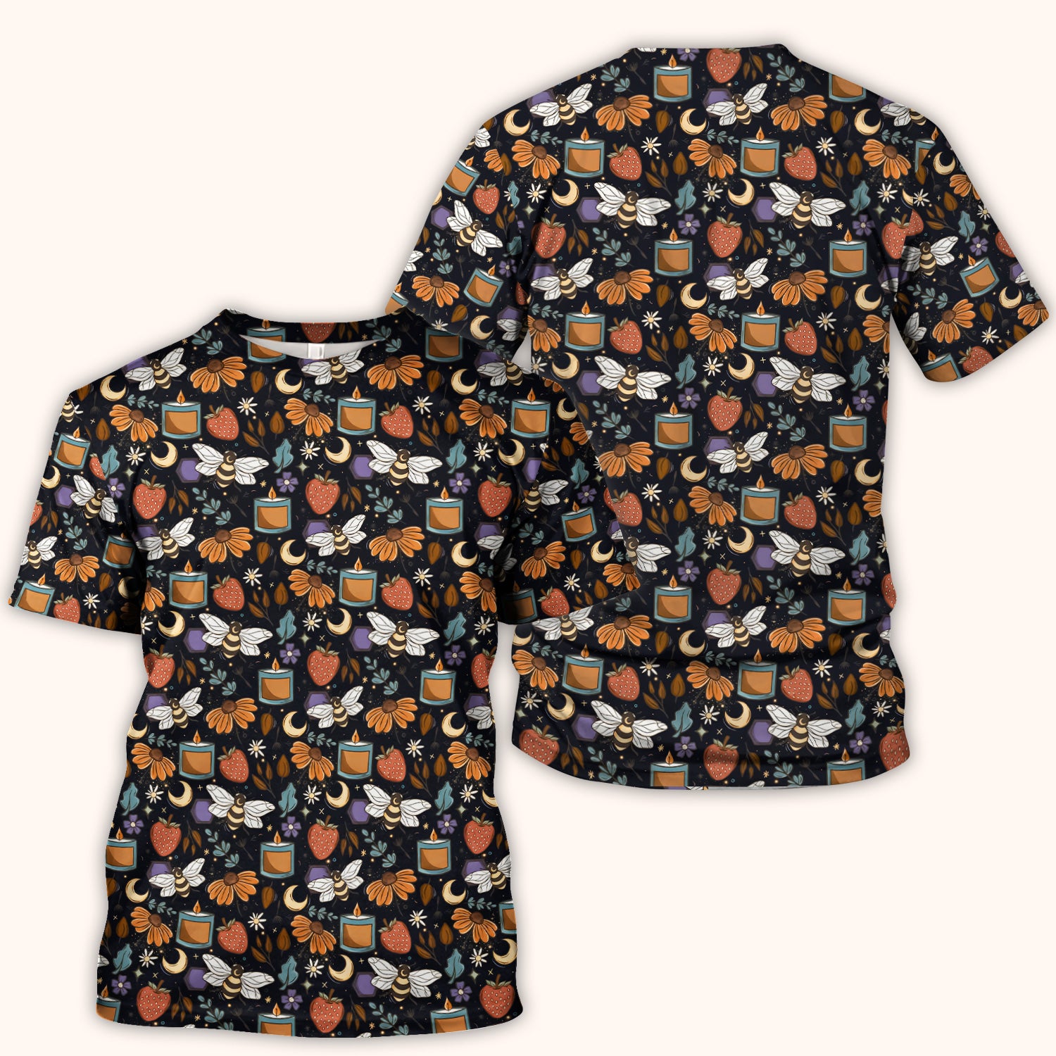 Bee Strawberry Floral Candle Pattern Scrub Top, Breathable Fabrics Nursing Uniform