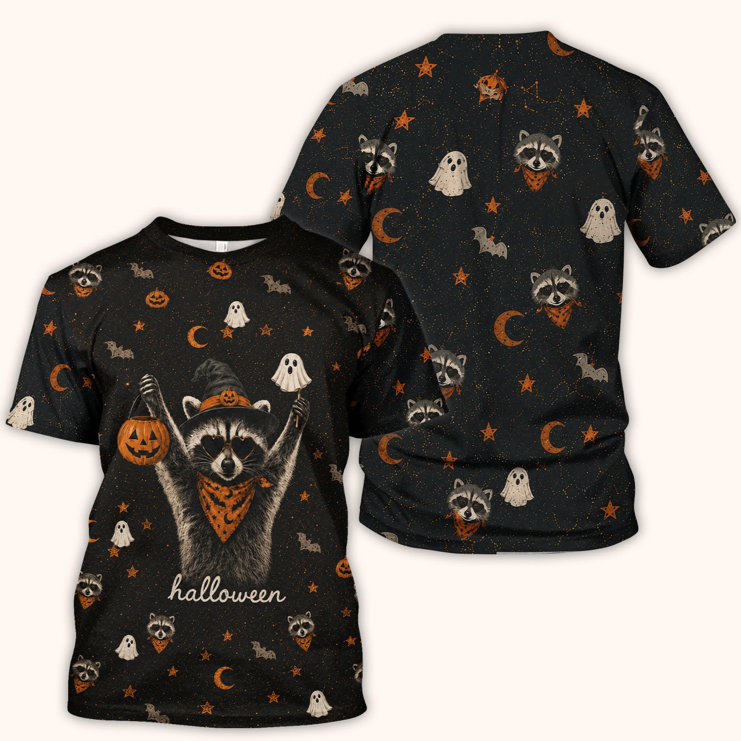 Ghost Pumpkin Raccoon Pattern Scrub Top, Comfortable Scrubs for Nurses