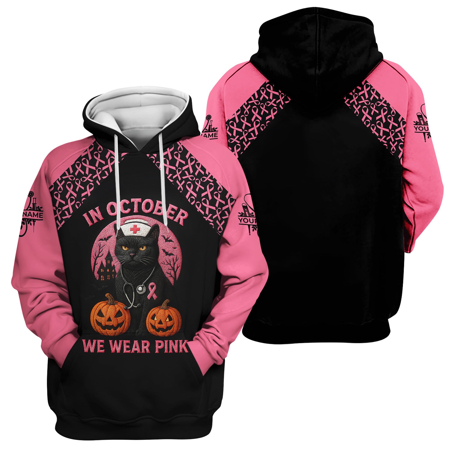 In October We Wear Pink Scrub Top - Breast Cancer Awareness Shirt for Women - Halloween Gift for RN CNA LPN ER