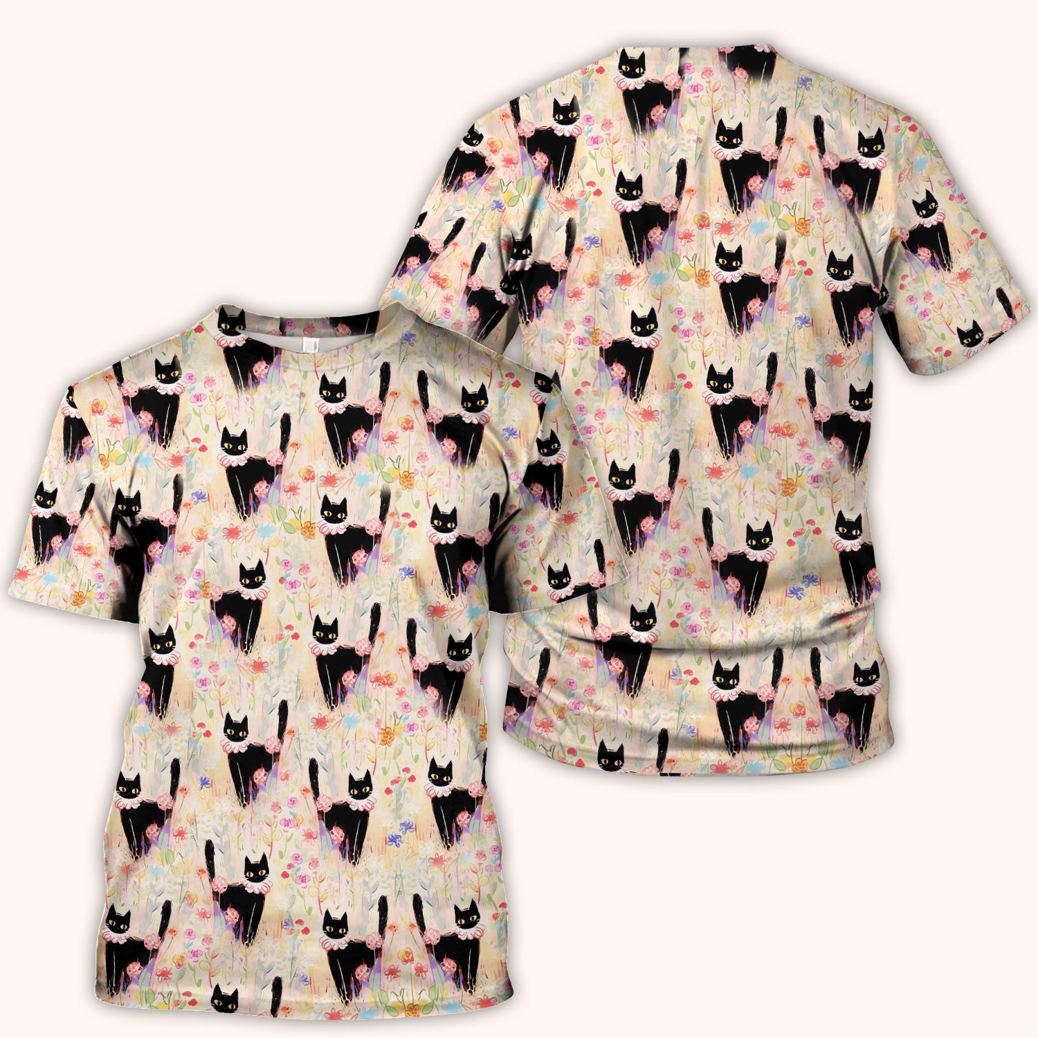 Black Cat Floral Garden Nurse Pattern Scrub Top, Breathable Medical Scrubs
