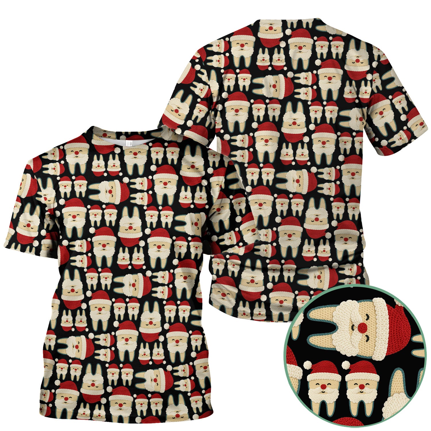 Christmas Tooth Scrub Top - Cute Santa Tooth Pattern for Dentists & Hygienists - Crochet Style Holiday Medical Uniform for Women