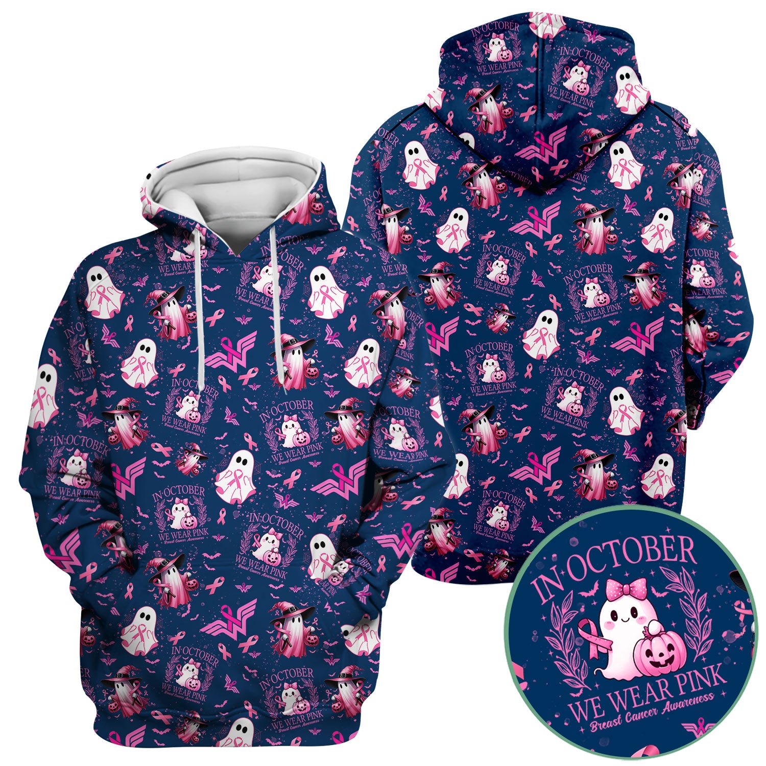 Halloween Breast Cancer Awareness Scrub Top - In October We Wear Pink Nurse Shirt - Cute Ghost Witch Pink Ribbon Medical Uniform