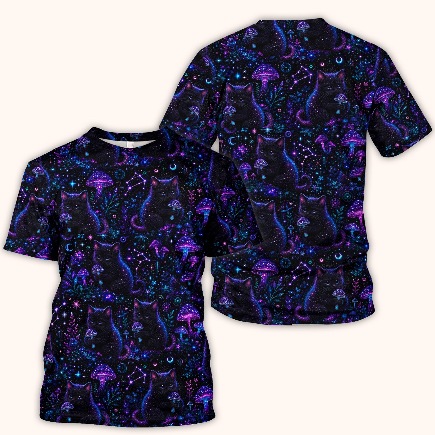 Neon Black Cat Mushroom Galaxy Pattern Scrub Top, Comfortable Scrubs for Nurses