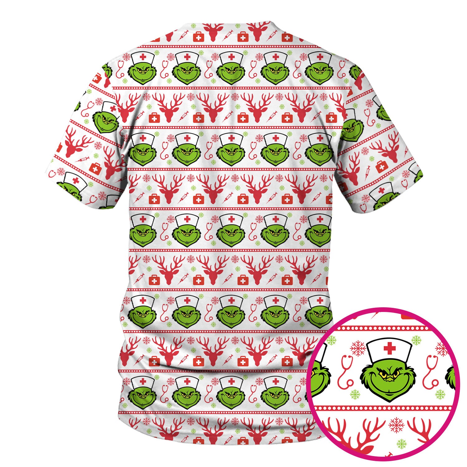 Funny Grinch Nurse Scrubs Top - Ugly Christmas Sweater Style Scrub Shirt - Holiday Nursing Workwear for Women
