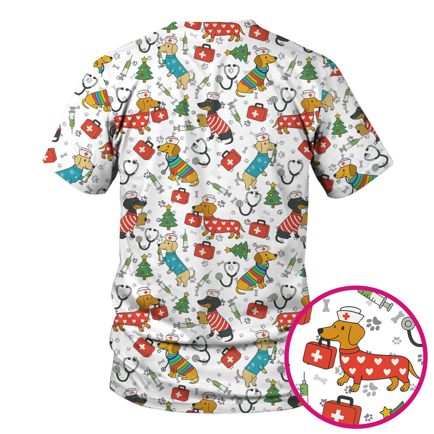 Funny Dachshund Scrub Shirt - Christmas Dog Print Scrubs Multi Color - Holiday Nurse Scrub Top Gift for Women, Men, CNA, RN, Medical Staff