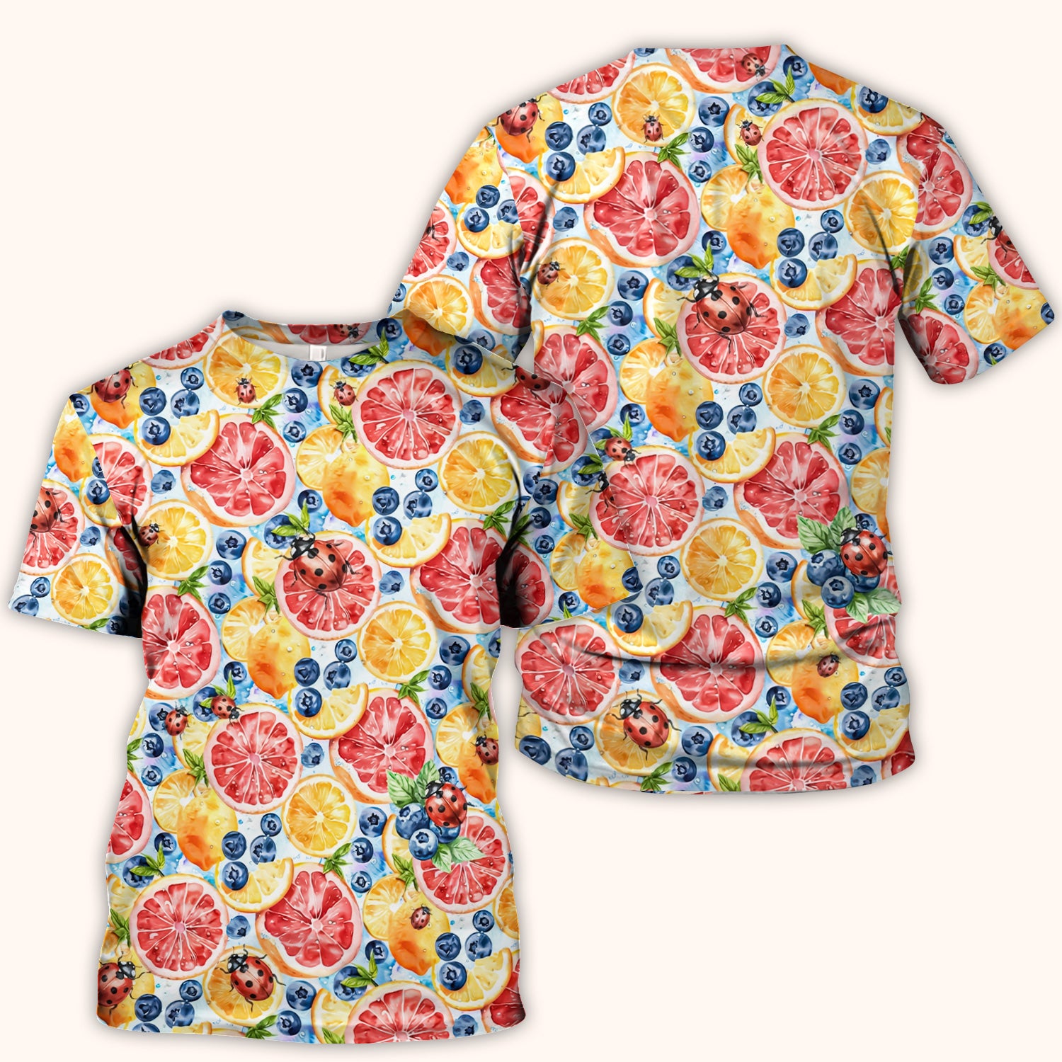 Cute Citrus Berry Ladybug Pattern Scrub Top, Comfortable Scrubs for Nurses