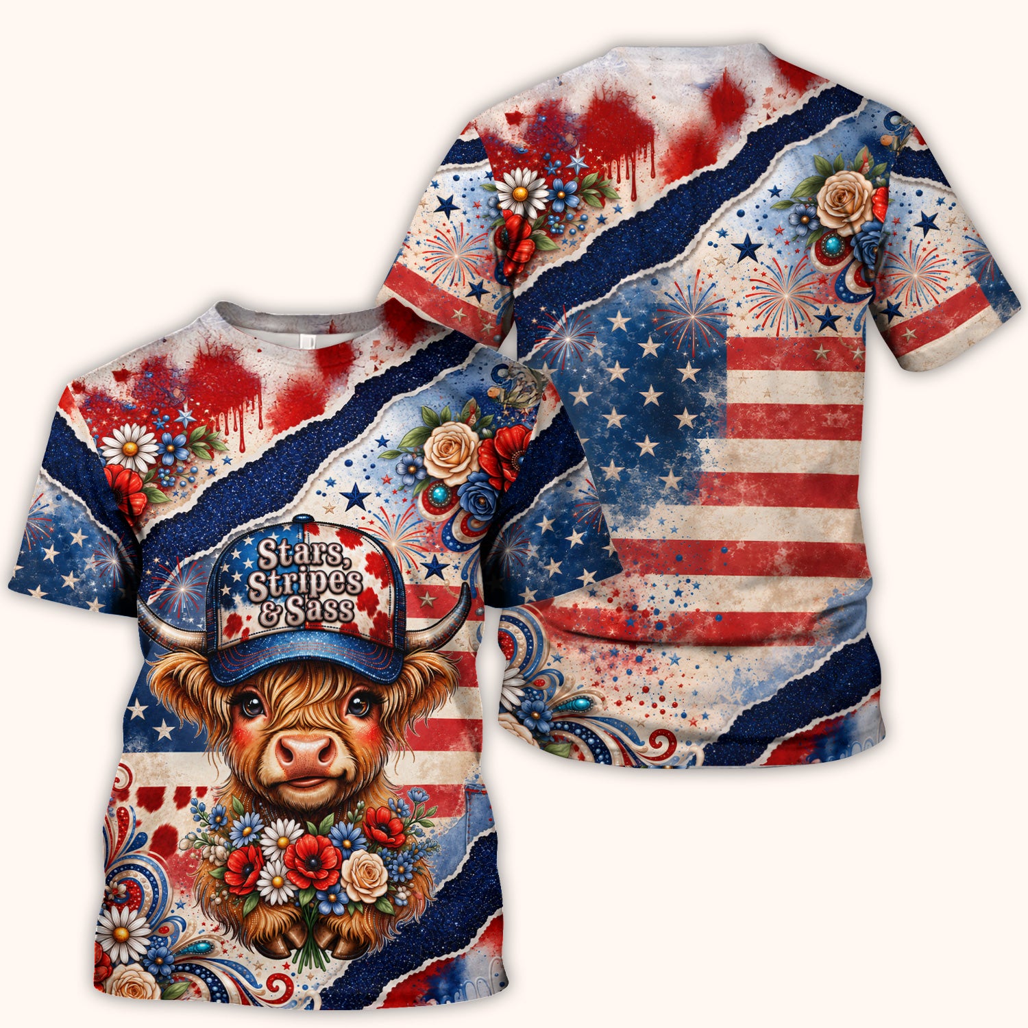Patriotic Highland Cow Pattern, Healthcare Workers Scrub Top, Comfortable Scrubs for Nurses