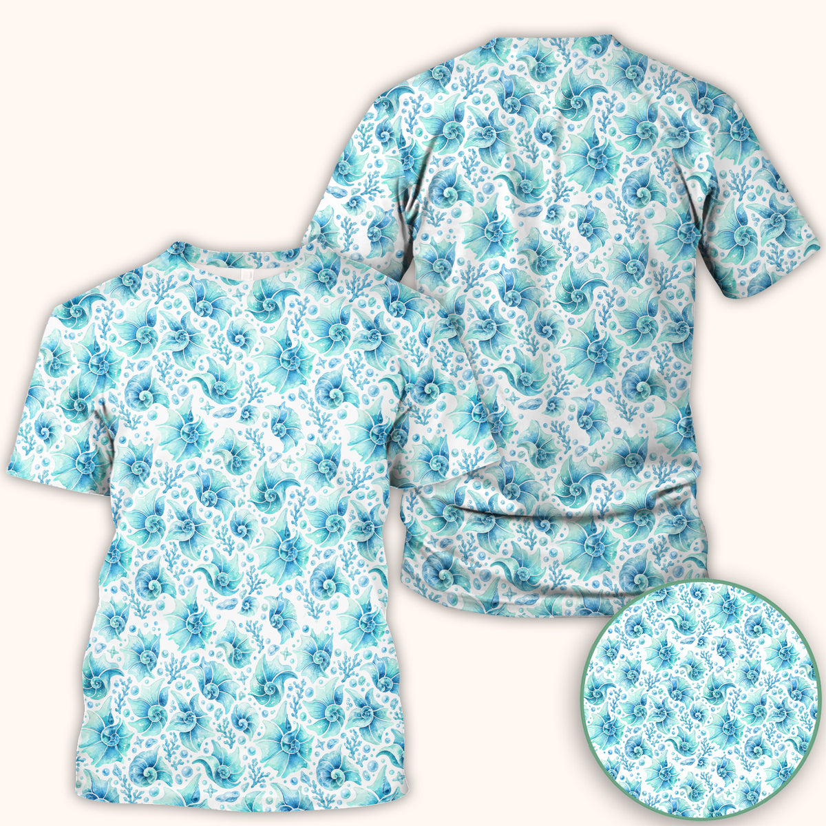 Blue Watercolor Seashell Pattern Scrub Top, Comfortable Scrubs for Nurses