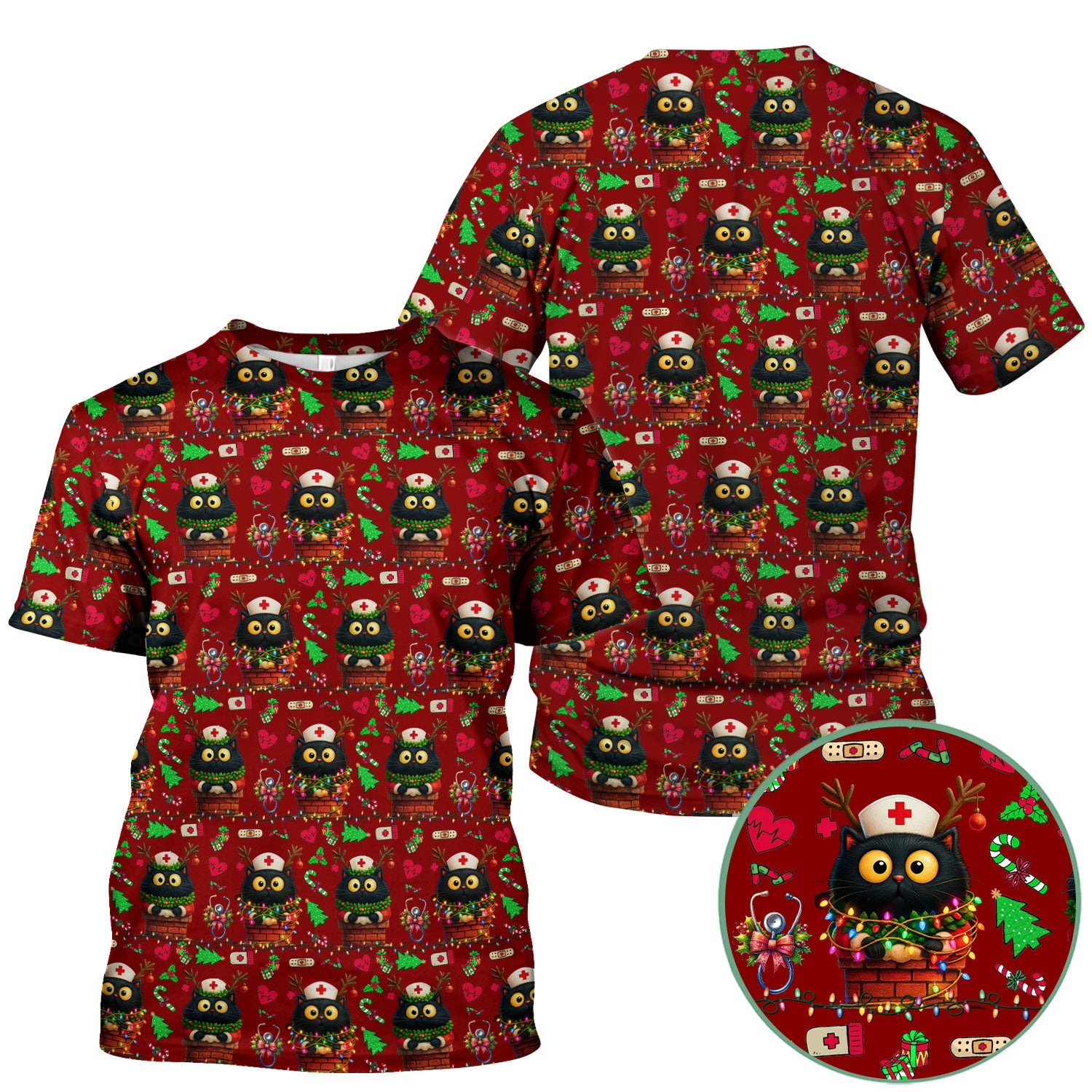 Christmas Black Cat Scrub Top for Nurse - Cute Reindeer Cat with Xmas Lights - Festive Holiday Medical Uniform for Women