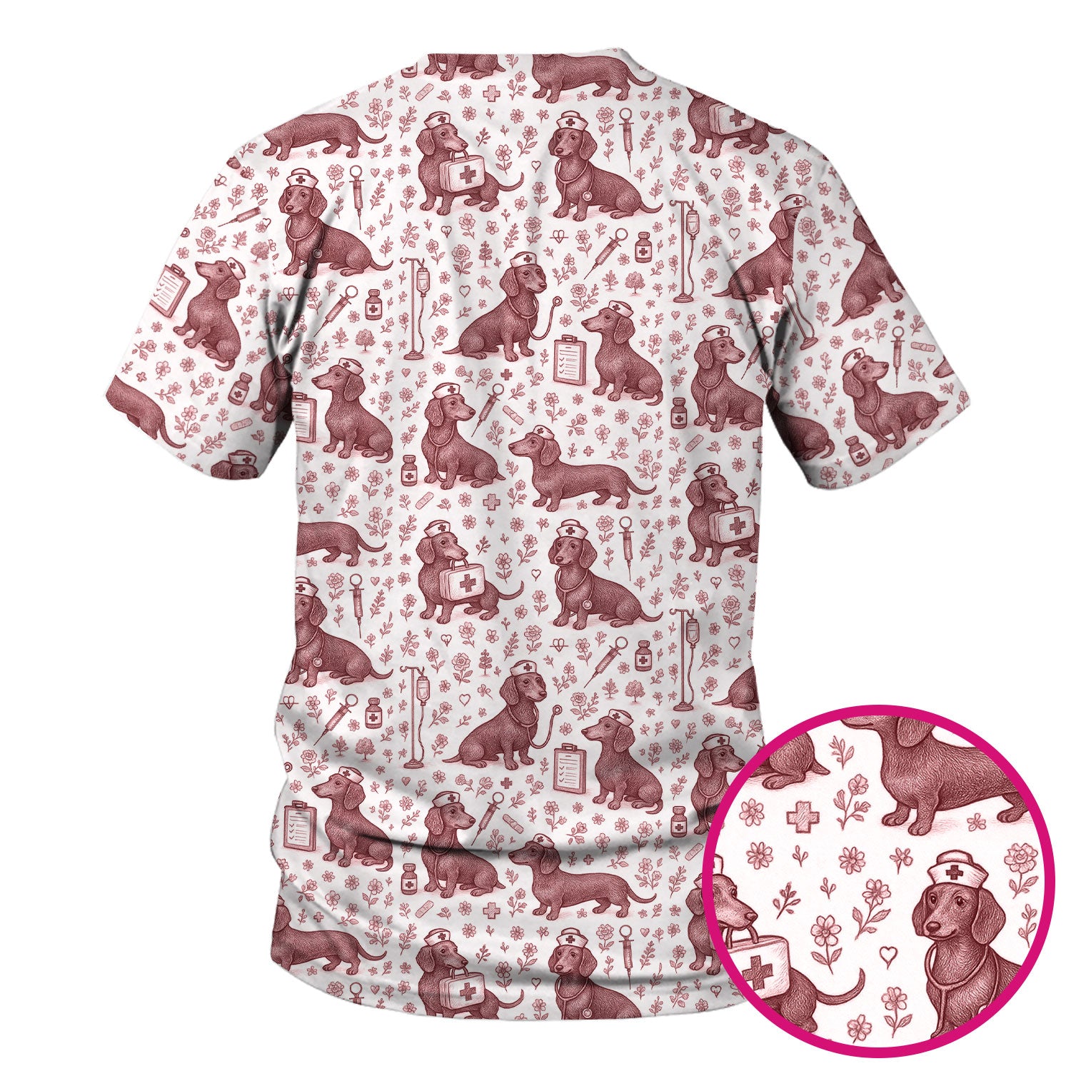 Dachshund Nurse Scrub Top - Cute Dog Pattern Scrubs for Women - Funny Medical Shirt with Vintage Line Art Design