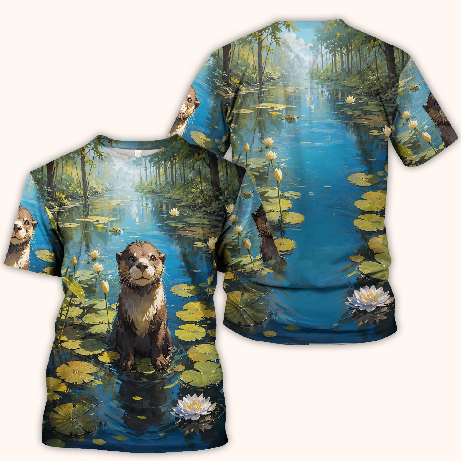 Cute Otter Pond Pattern Scrub Top, Comfortable Scrubs for Nurses