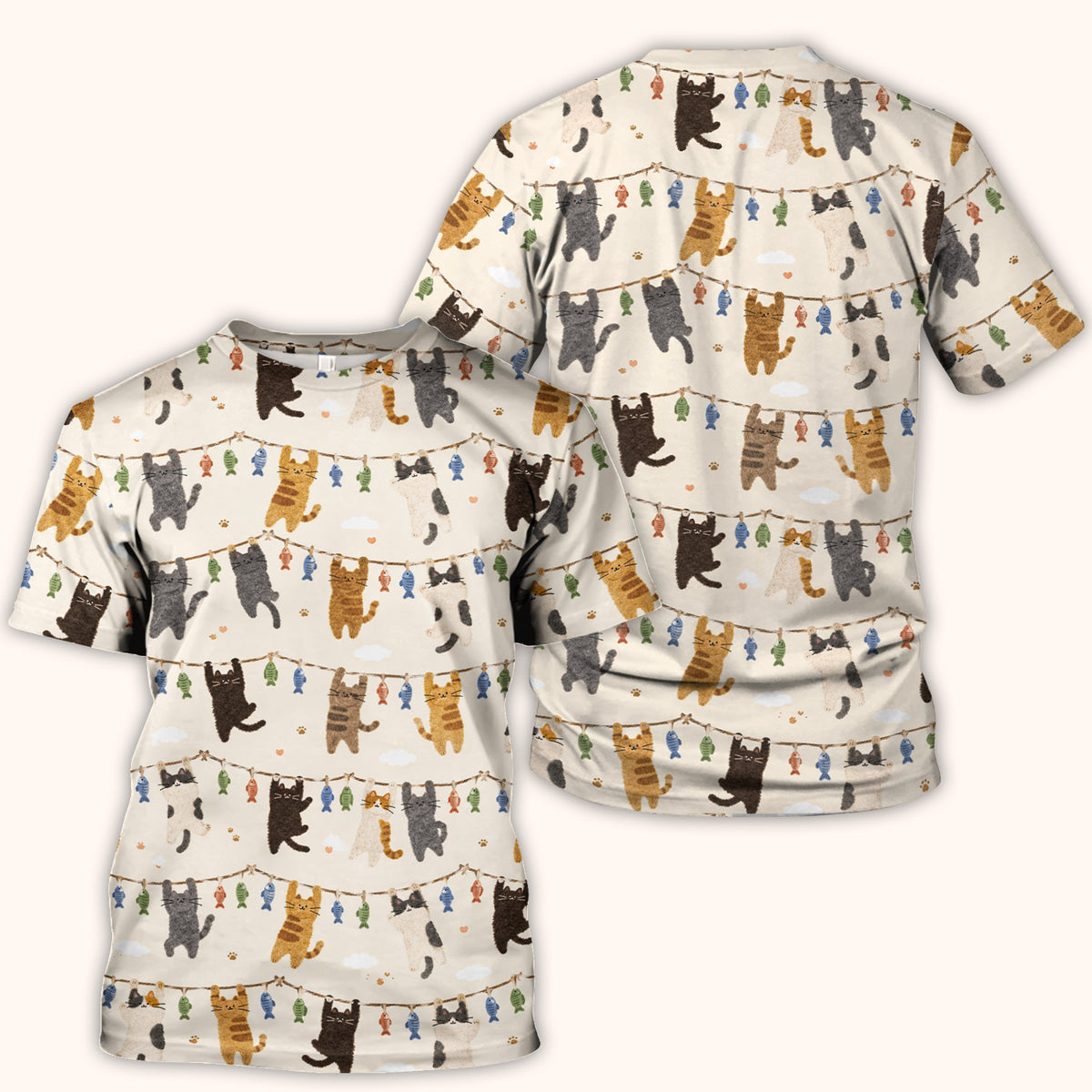Cute Hanging Cat Fishline Pattern Scrub Top, Comfortable Scrubs for Nurses