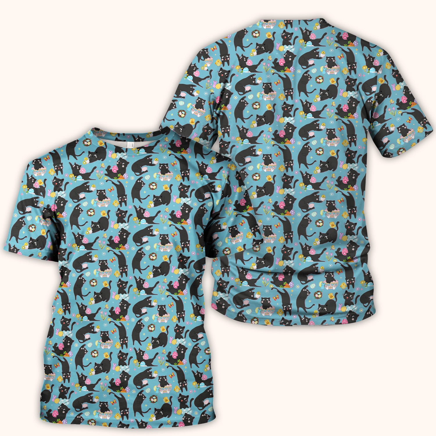 Playful Black Cat Easter Egg Pattern Scrub Top, Comfortable Scrubs for Nurses