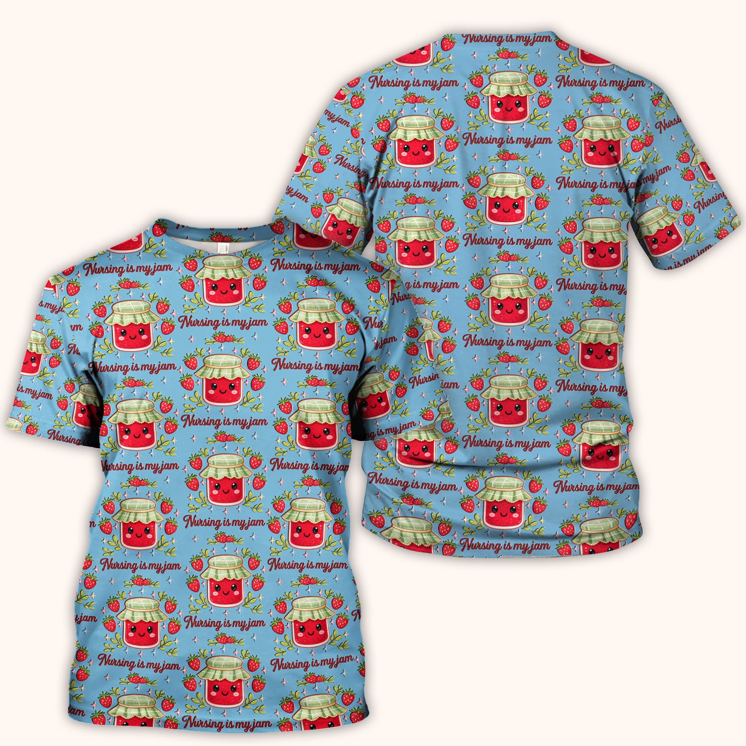 Cute Strawberry Jam Nurse Pattern Scrub Top, Breathable Fabrics Nursing Uniform