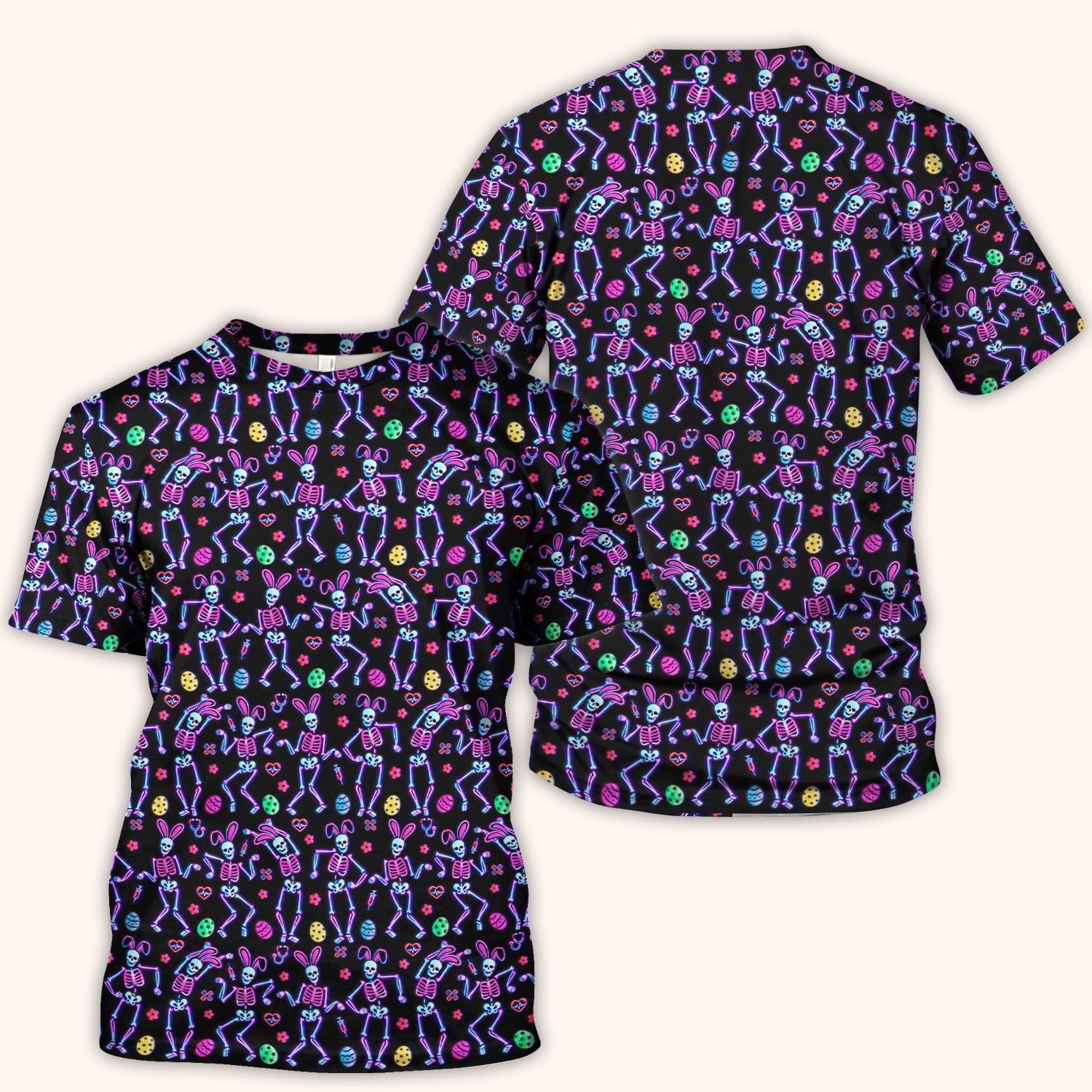 Neon Easter Skeleton Pattern Scrub Top, Comfortable Scrubs for Nurses