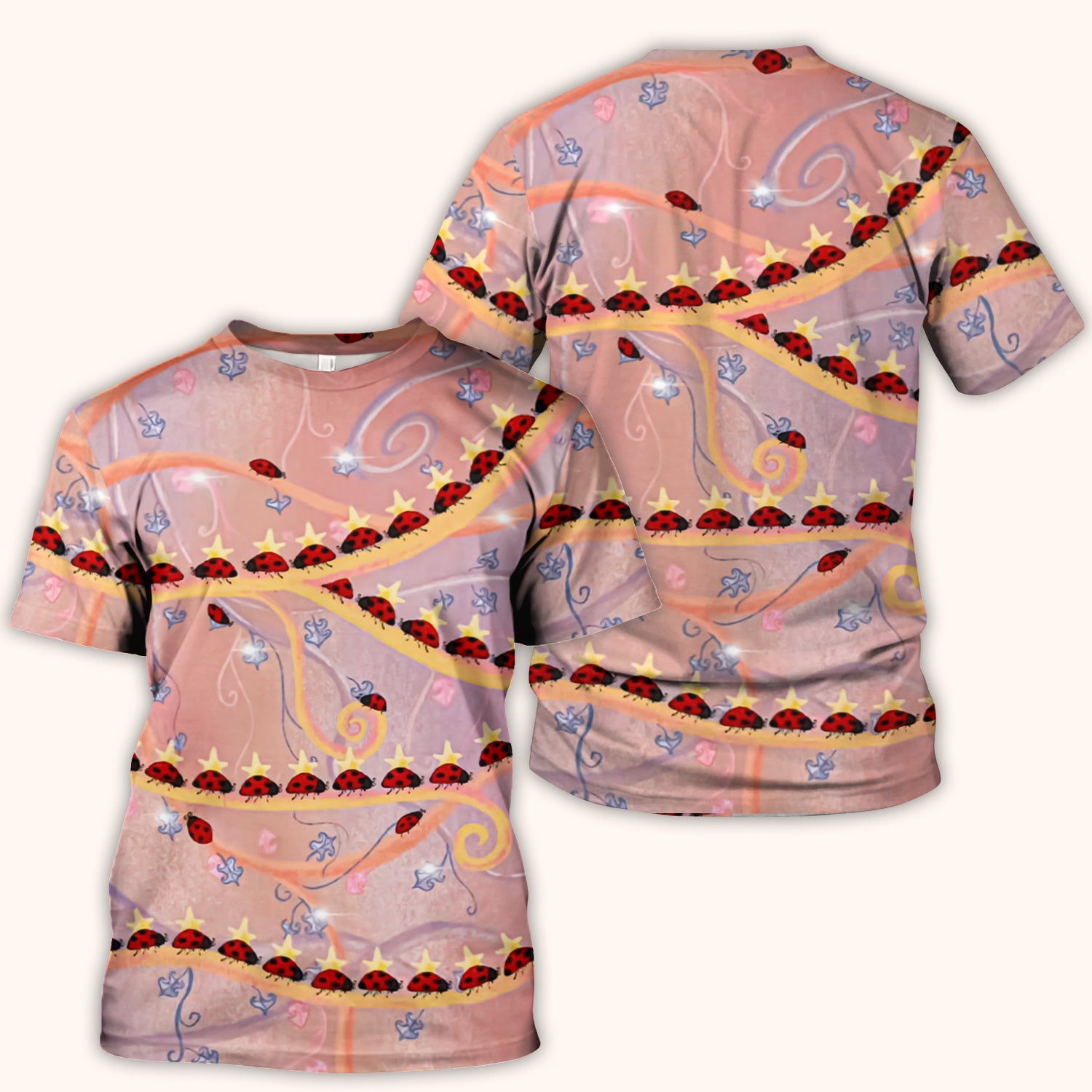 Cute Ladybug Star Vine Swirl Pattern Scrub Top, Comfortable Scrubs for Nurses