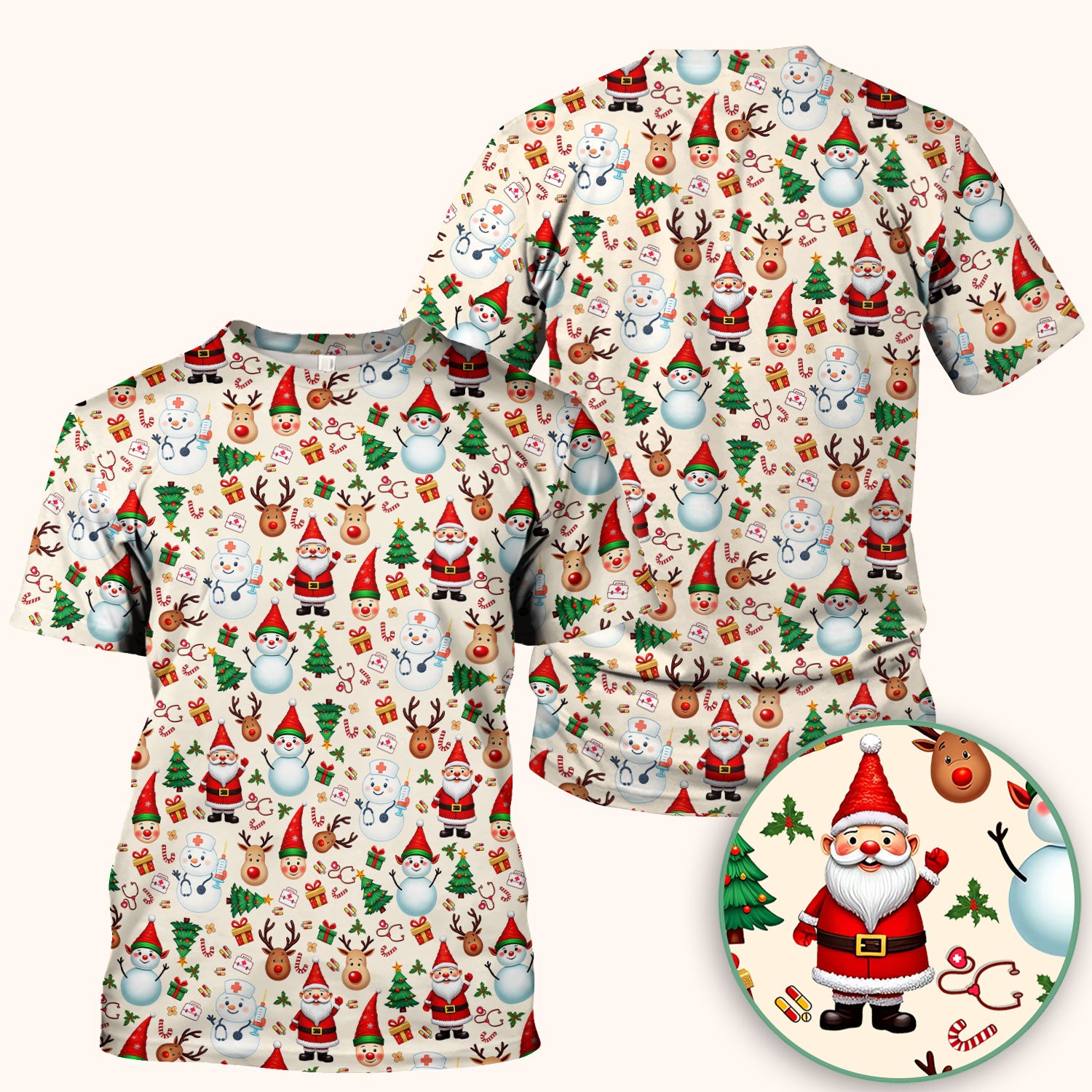 Christmas Nurse Scrub Top - Cute Snowman Santa Reindeer Pattern Medical Shirt - Festive Holiday Scrubs for Women RN CNA LPN