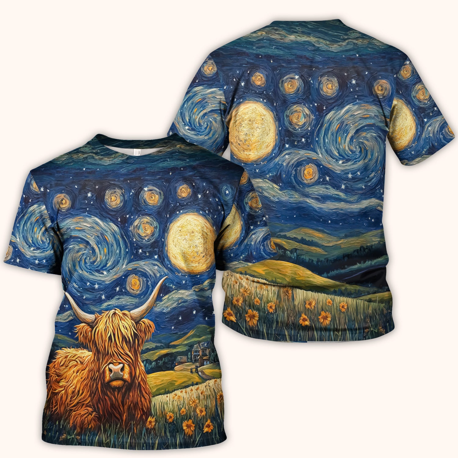 Artistic Highland Cow Starry Night Scene Pattern Scrub Top, Comfortable Scrubs for Nurses