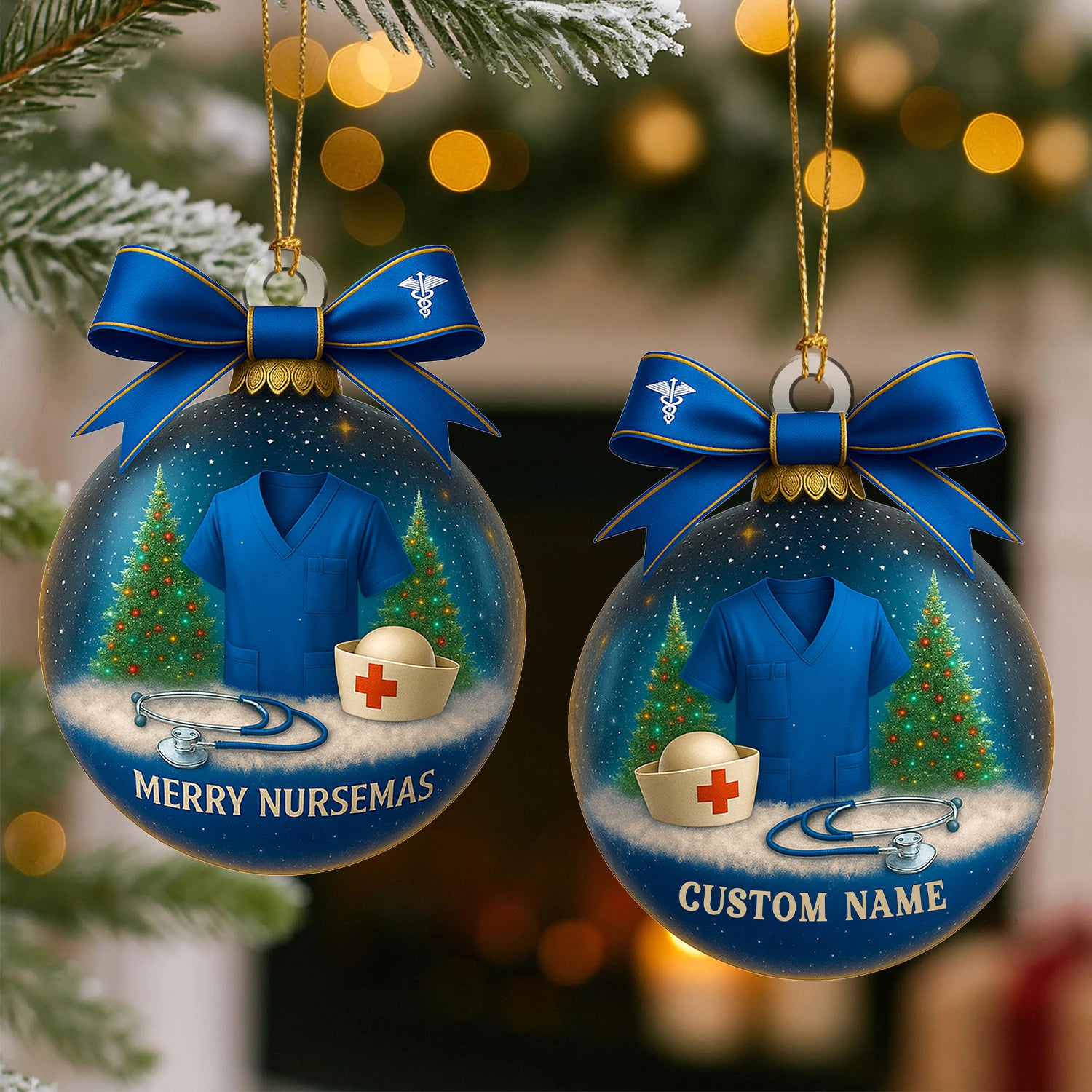 Custom Name Nurse Ornament, Blue Scrub Christmas Ornament With Bow, Merry Nursemas Medical Ornament, Holiday Gift for RN And Doctor