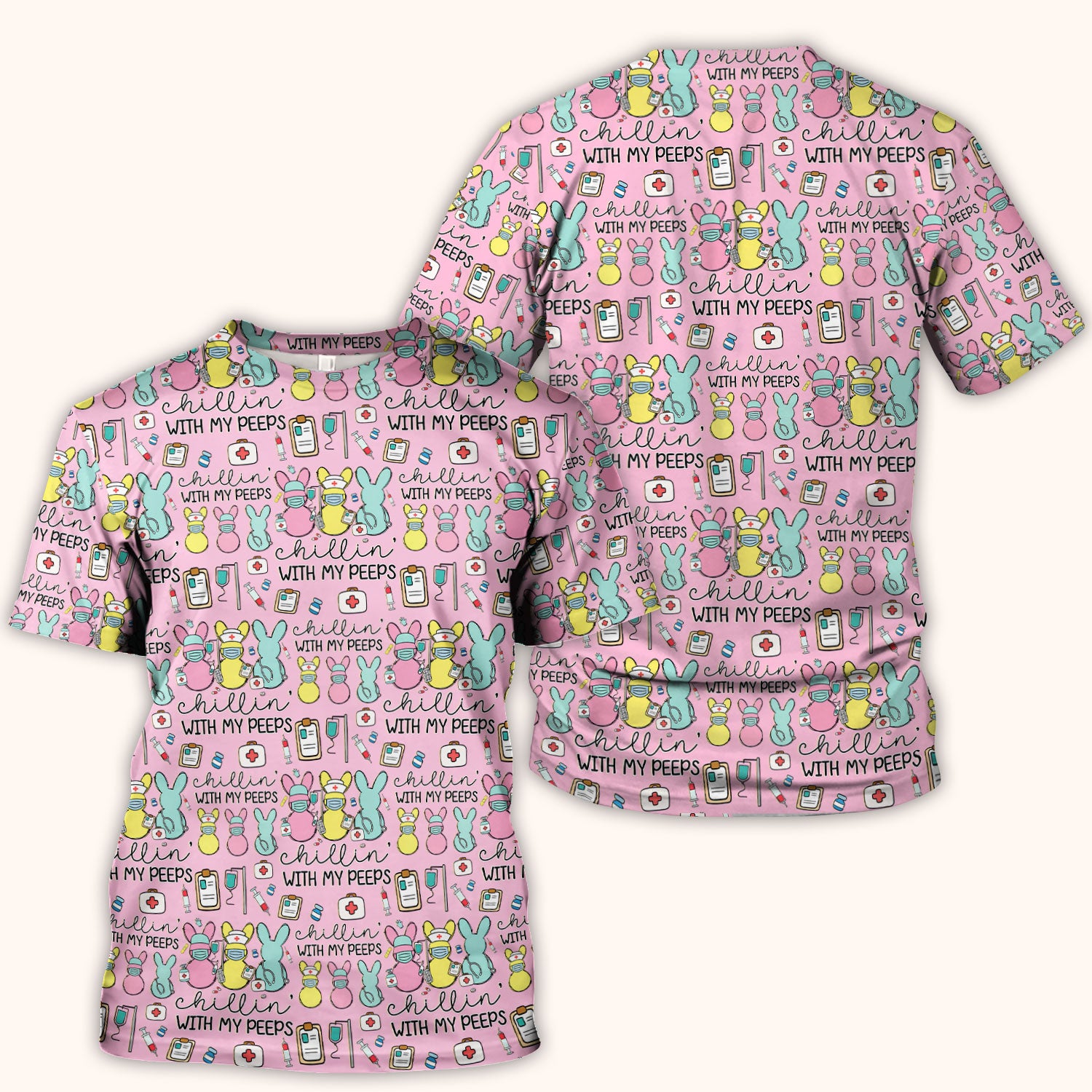 Cute Bunny Nurse Chillin With My Peeps Scrub Top, Comfortable Scrubs for Nurses, Easter