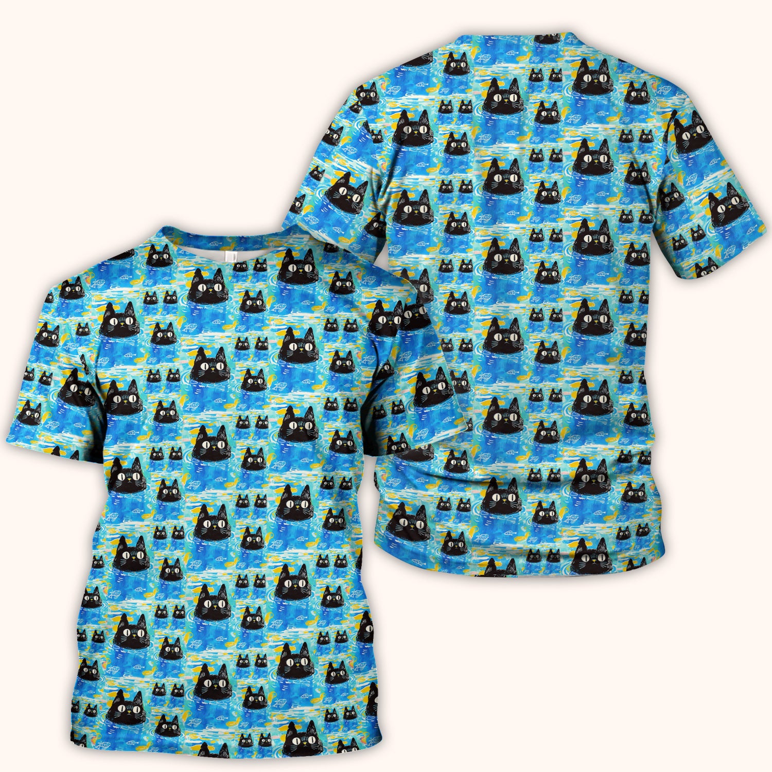 Black Cat Swimming In Blue Water Pattern Scrub Top, Comfortable Scrubs for Nurses