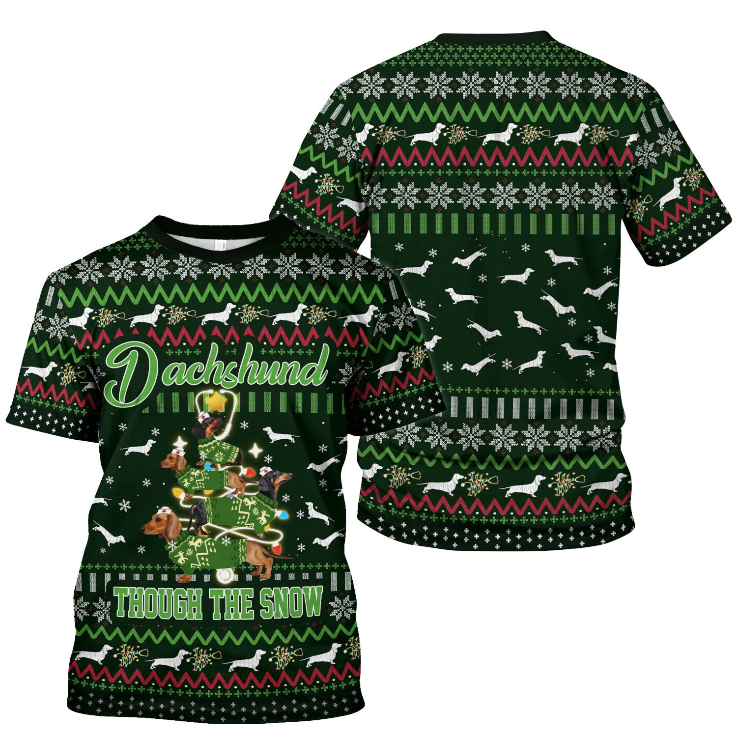 Dachshund Through The Snow Christmas Scrub Top - Funny Sausage Dog Xmas Tree Nurse Shirt - Cute Holiday Medical Uniform
