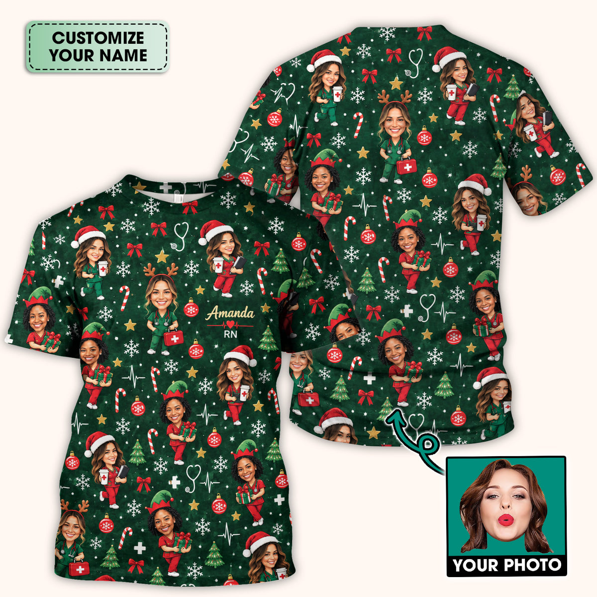 Personalized Christmas Nurse Photo And Name Scrub Top, Comfortable Scrubs for Nurses