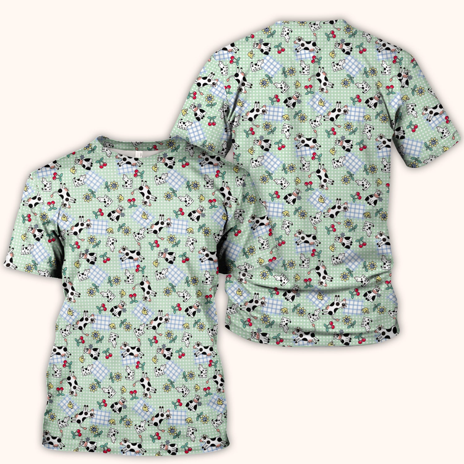 Cute Cow Cherry Farm Garden Pattern Nurse Scrub Top, Comfortable Scrubs for Nurses