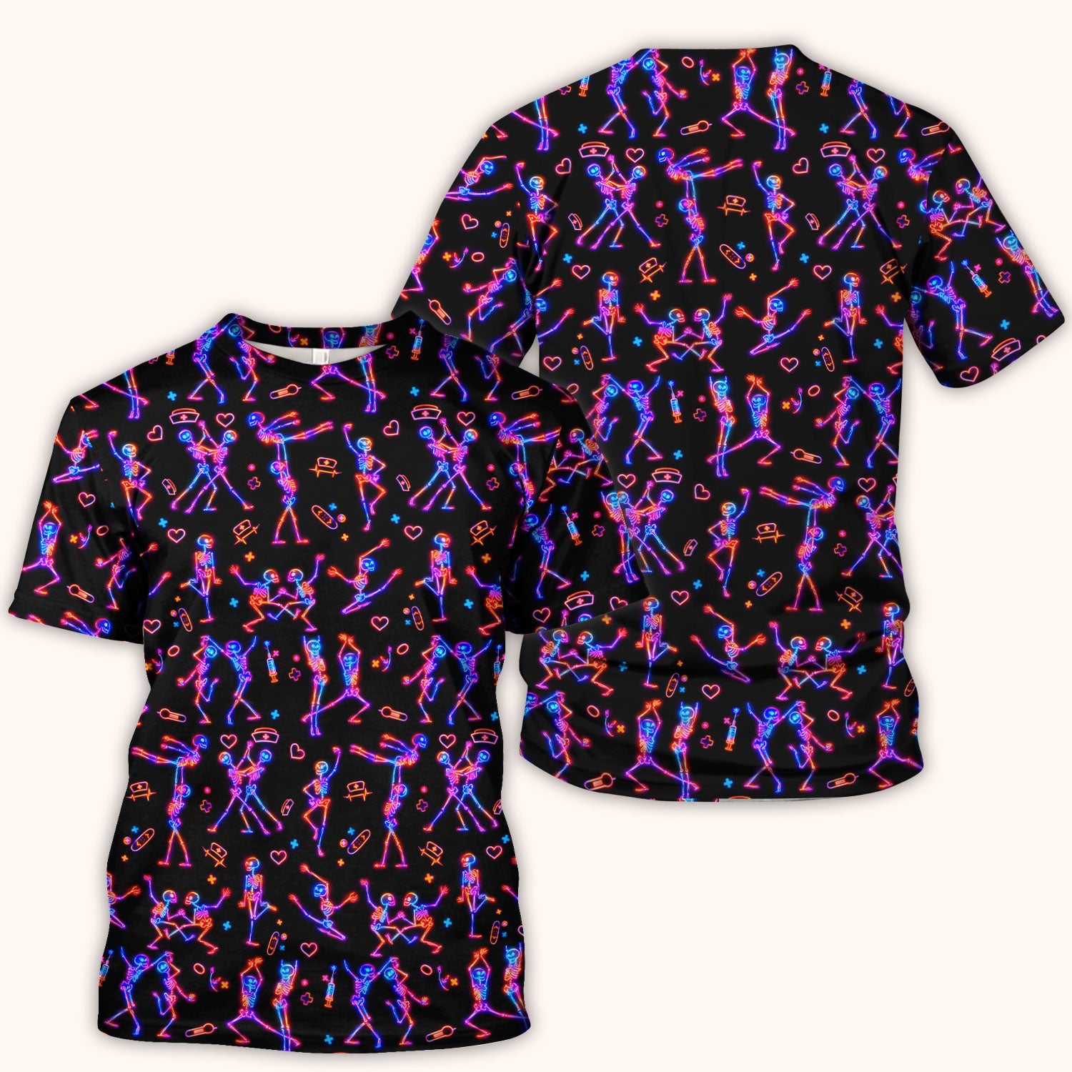 Neon Dancing Skeleton Medical Pattern Scrub Top, Comfortable Scrubs for Nurses